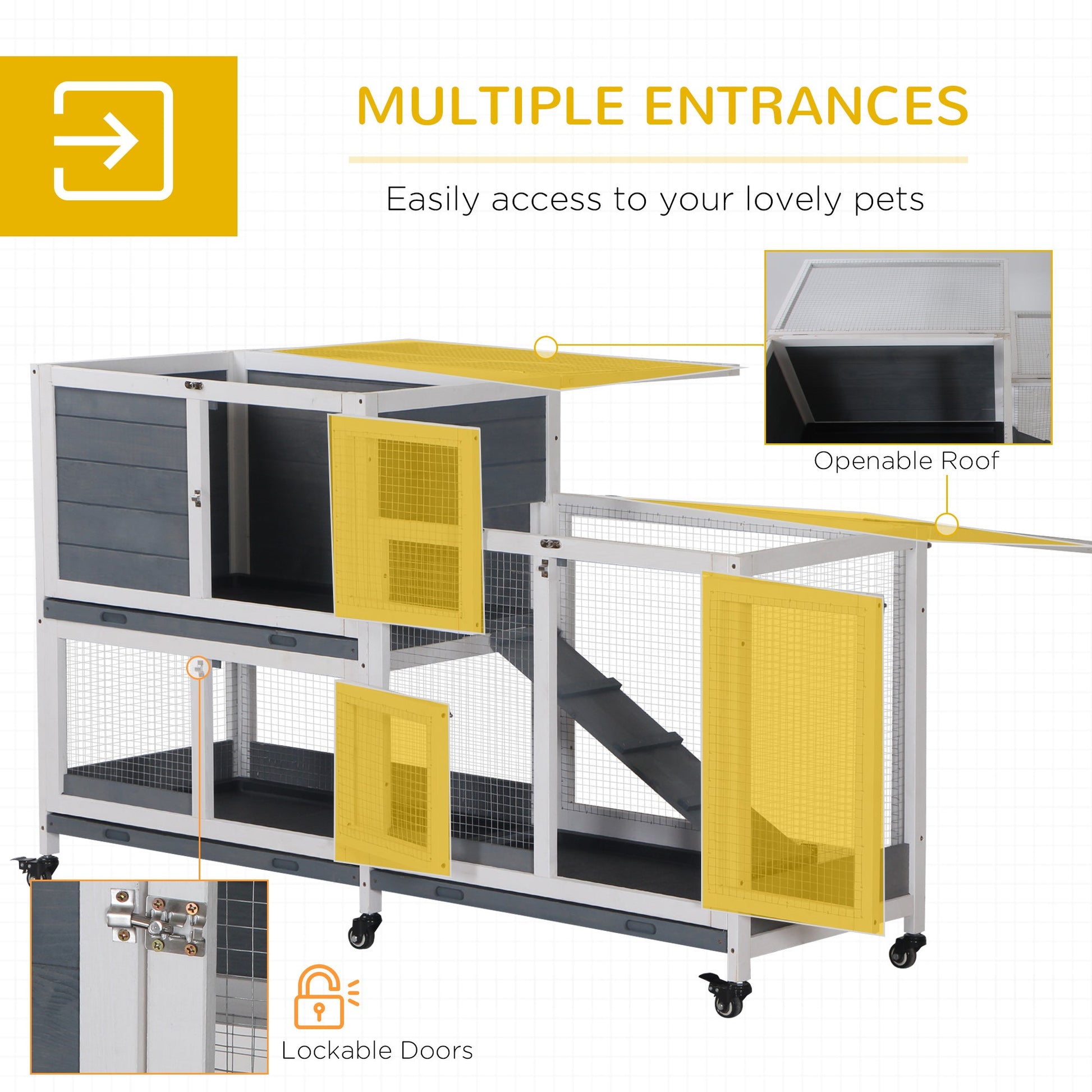 Wooden Rabbit Hutch Elevated Pet House Bunny Cage Small Animal Habitat with Slide-out Tray Lockable Door Openable Top for Indoor 58" x 18" x 35" Grey Rabbit Hutch   at Gallery Canada