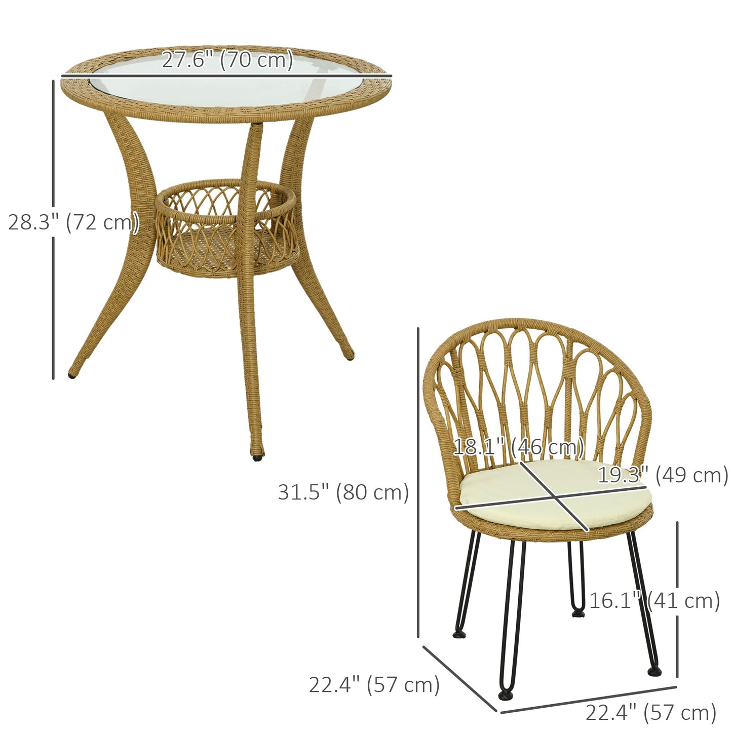 4 Pieces Rattan Dining Set with Storage Basket, Tempered Glass Table Top, for Garden, Backyard, Balcony, Light Brown Patio Furniture Sets   at Gallery Canada