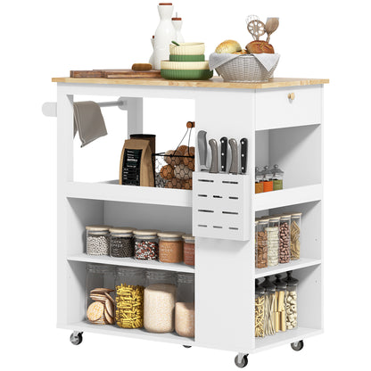 Kitchen Island Table Kitchen Cart with Rubberwood Top, Adjustable Shelves, Knife Rack, Towel Rack, Cabinet, White Kitchen Islands & Kitchen Carts   at Gallery Canada