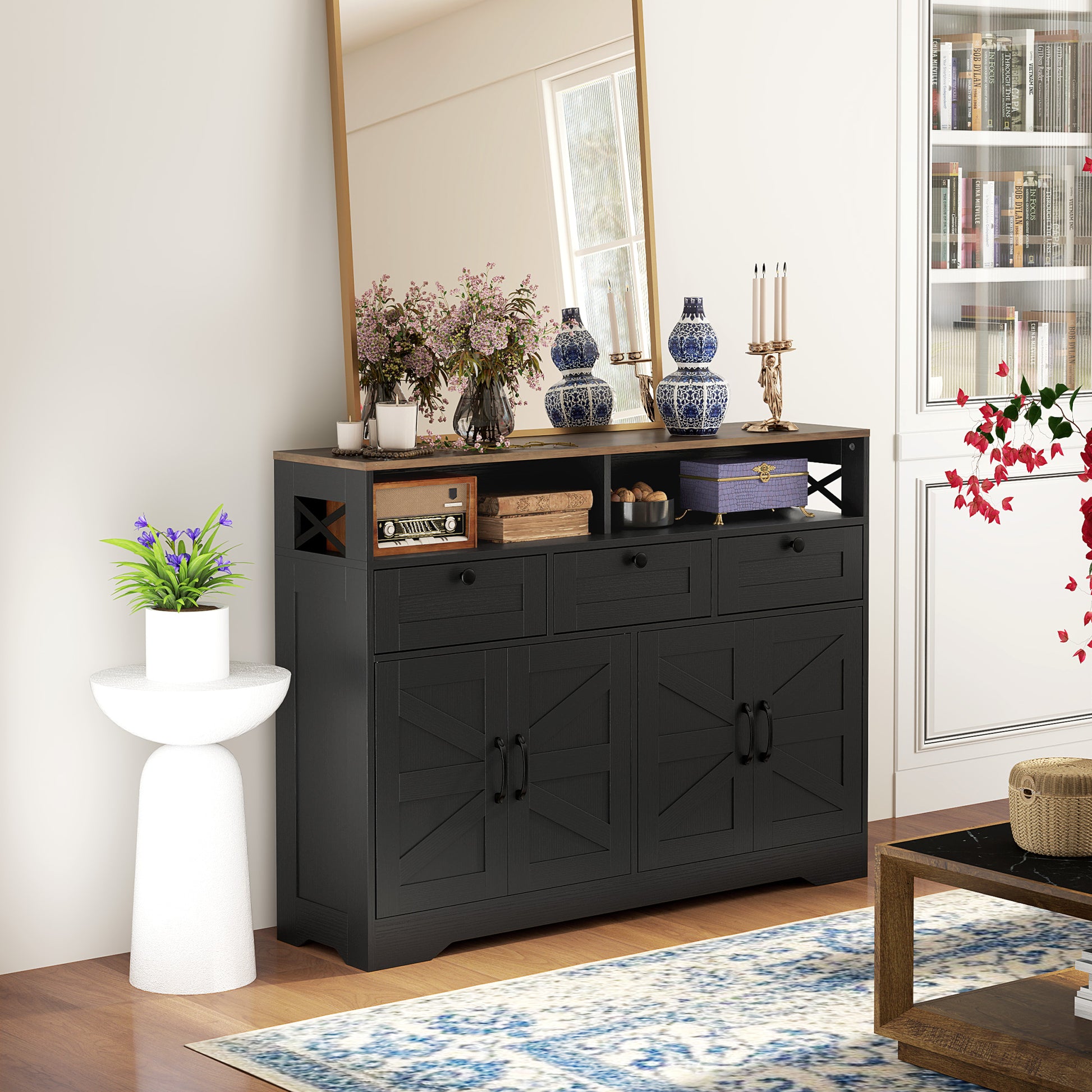 Sideboard, Buffet Cabinet with 4 Barn Doors and 3 Drawers, Coffee Bar Cabinet with Adjustable Shelves, Black Storage Cabinets at Gallery Canada