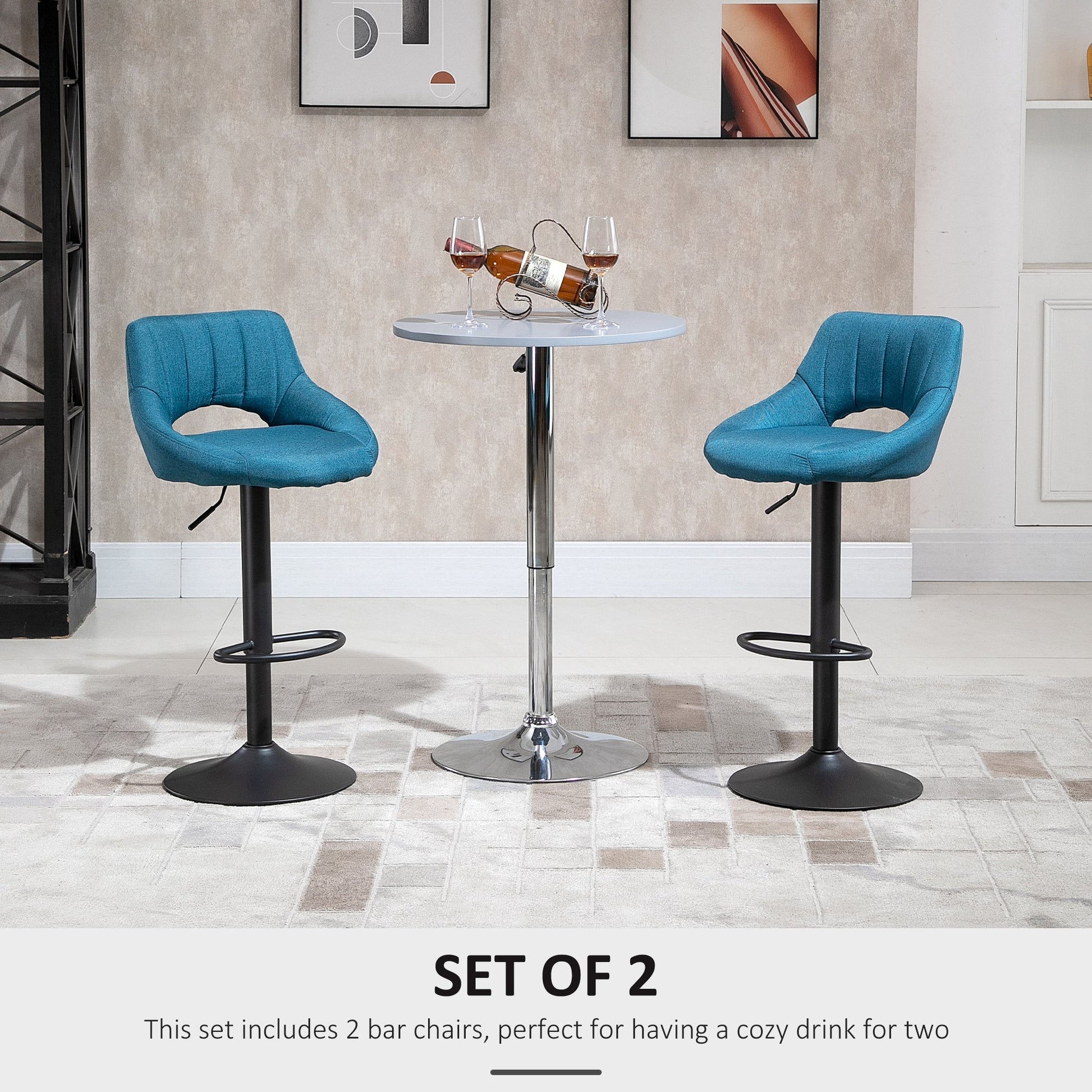 Bar Stools Set of 2, Swivel Counter Height Barstools with Adjustable Height, Linen Upholstered Bar Chairs with Round Metal Base and Footrest, Blue Bar Stools   at Gallery Canada