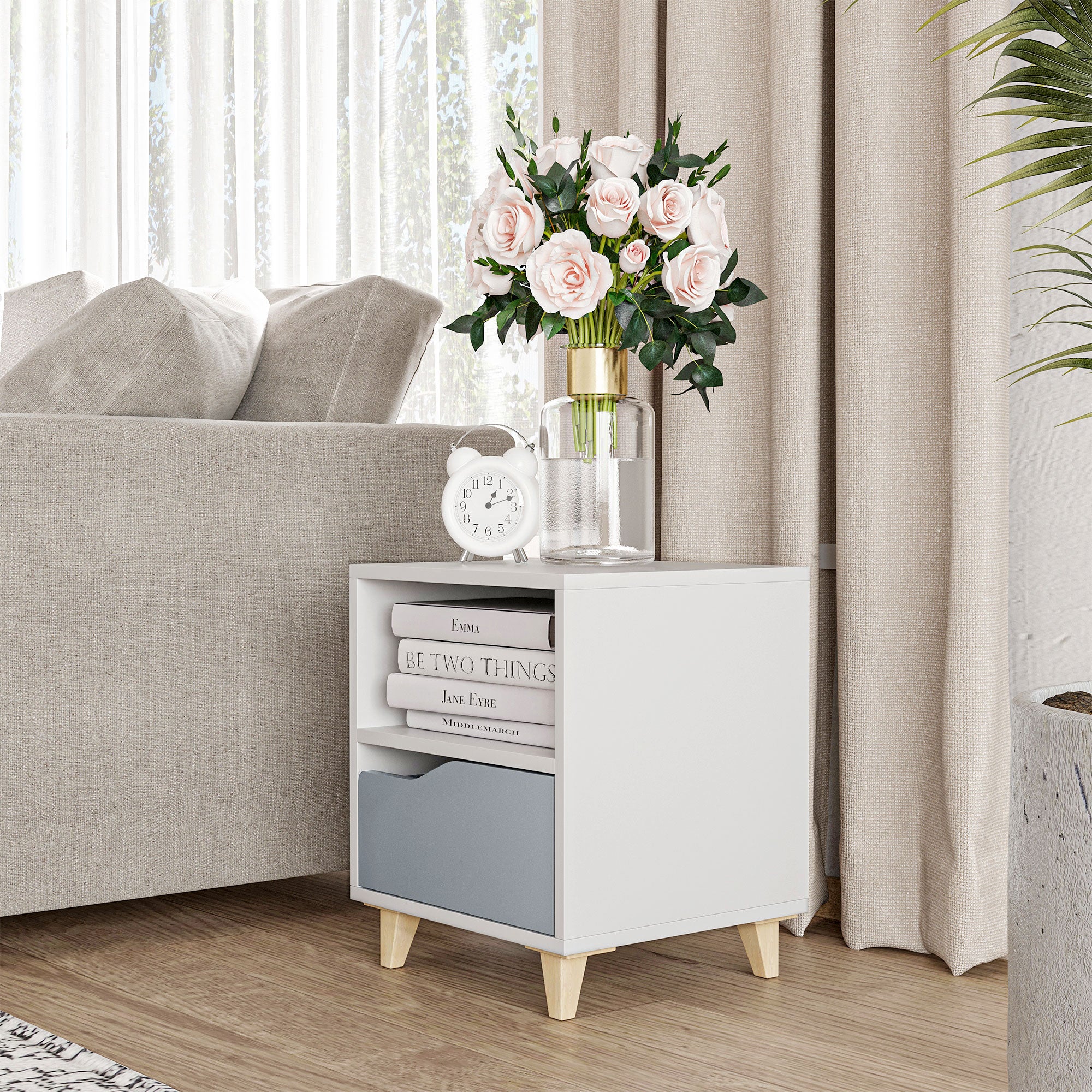 Modern Bedside Table, Side End Table with Shelf, Drawer and Wood Legs, 14.5