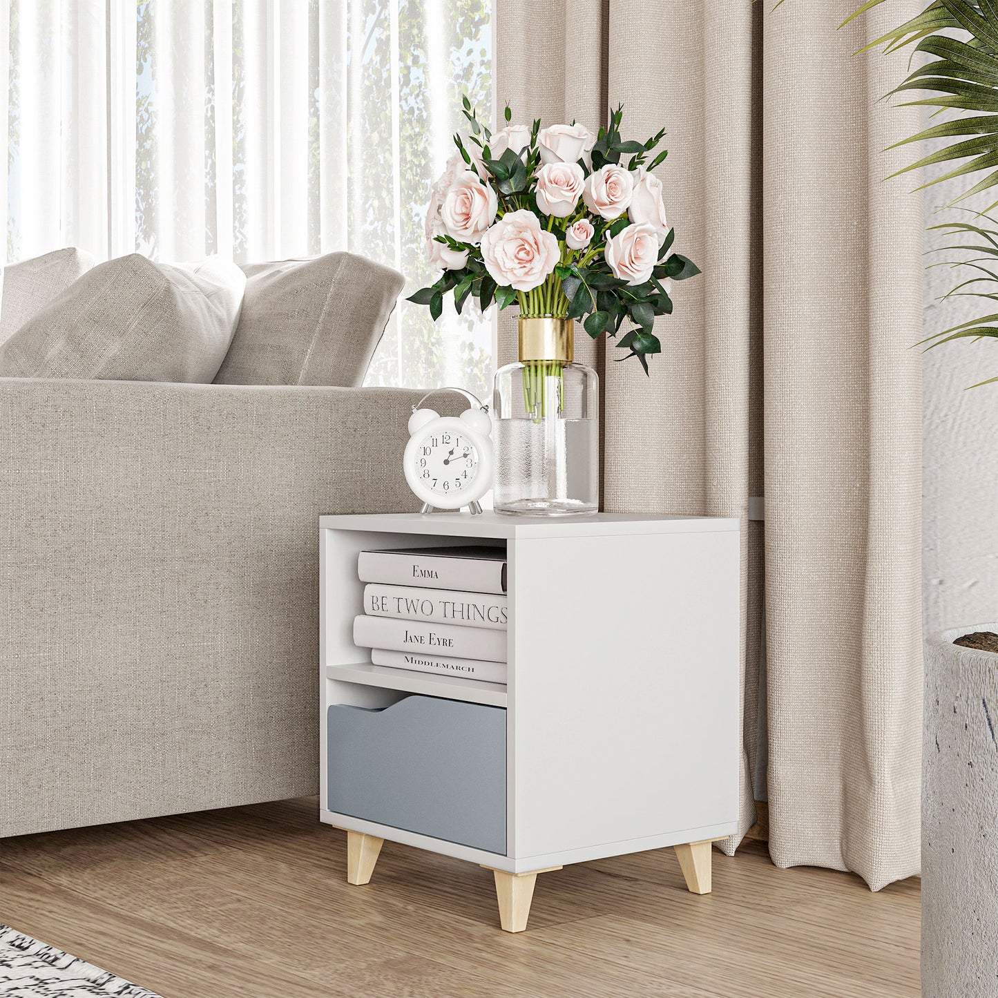 Modern Bedside Table, Side End Table with Shelf, Drawer and Wood Legs, 14.5" x 13" x 17.2", White and Grey Bedside Tables   at Gallery Canada