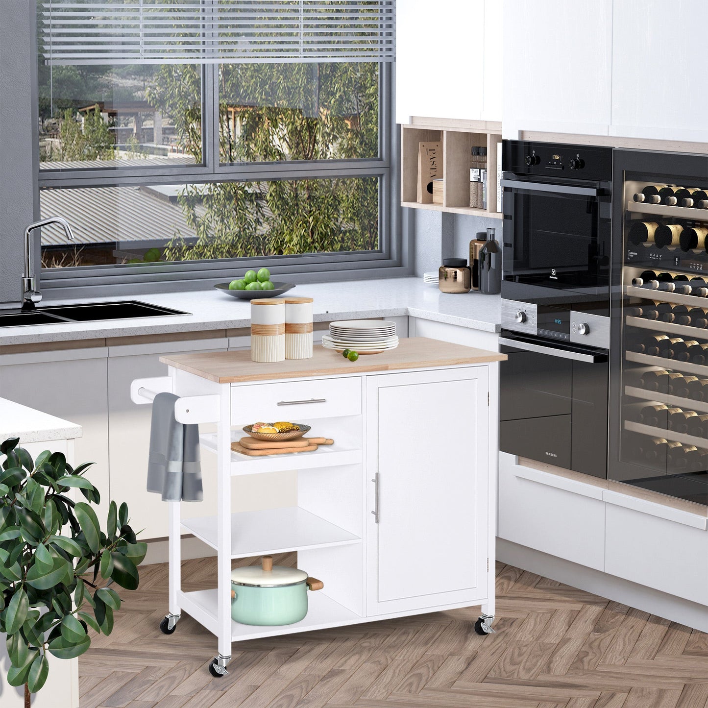 4-Tier Rolling Kitchen Island Cart with Butcher Block, Cabinet, Drawer, White Kitchen Islands & Kitchen Carts   at Gallery Canada