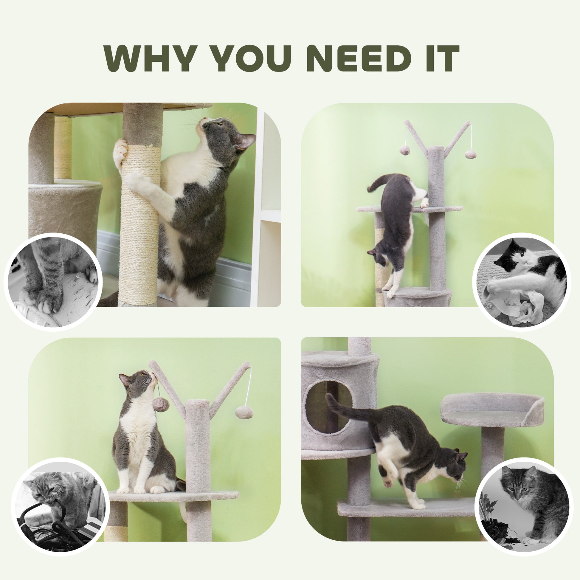 73.5" Cat Tree Tower with Scratching Posts, Condos, Bed, Multi-Level Platforms, Toy Balls, for Indoor Cats, Light Grey Cat Towers   at Gallery Canada