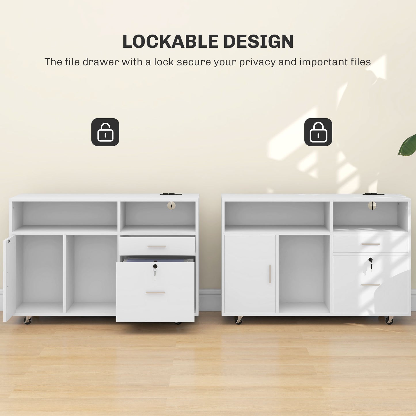 Mobile Printer Stand with Charging Station and USB Ports, Locking Filing Cabinet for A4 and Letter Size, White Office Cabinets & Cupboards   at Gallery Canada