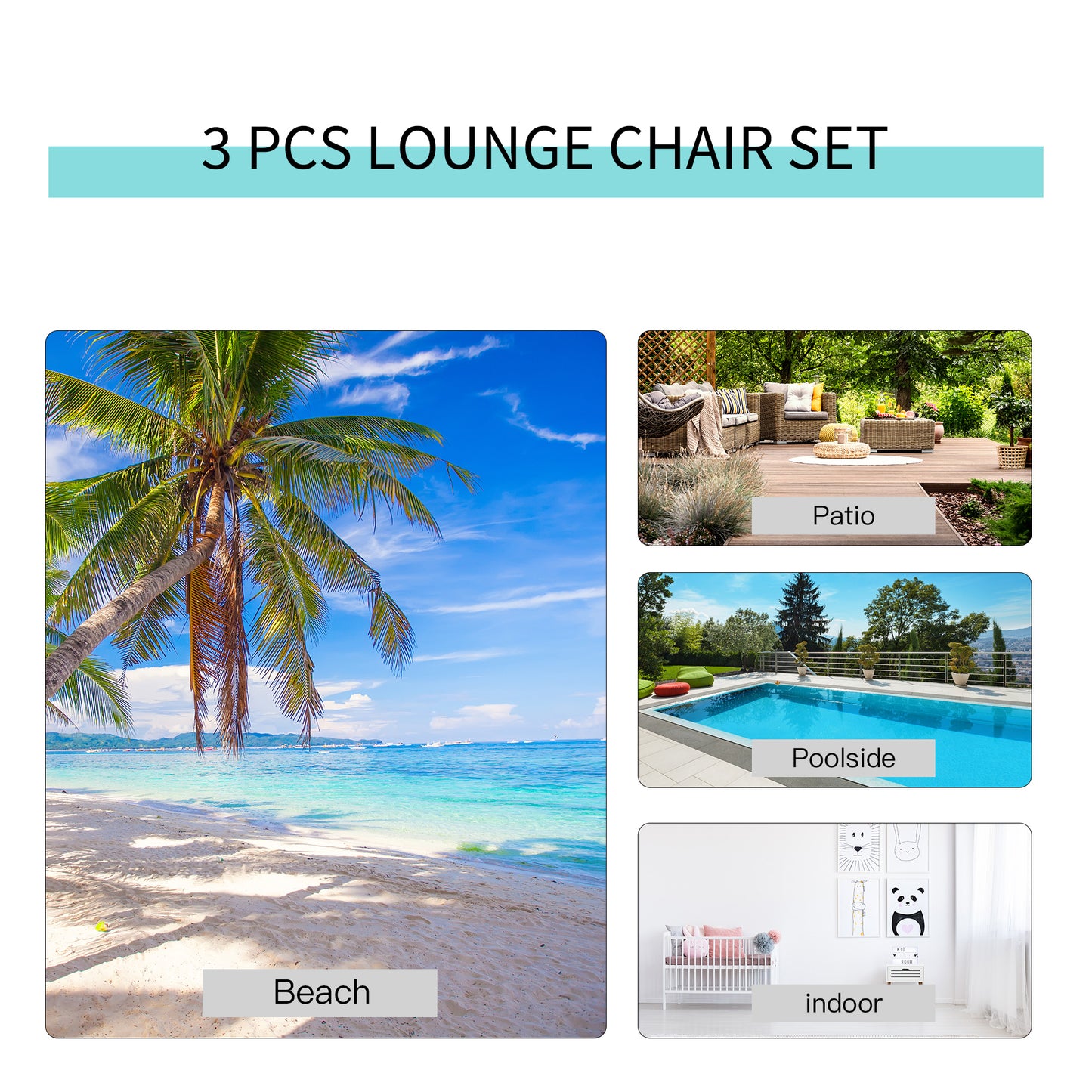 3 Pieces Patio Pool Lounge Chairs Set, Outdoor Chaise lounge with 2 S-Shaped Sunbathing Chairs and a Glass Top Table, for Yard Garden, Cream White Lounger Chairs   at Gallery Canada