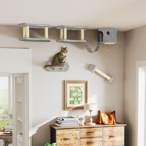 4 Piece Cat Wall Shelves with Scratching Post, Ladder, Condo, Jumping Platforms, Light Grey
