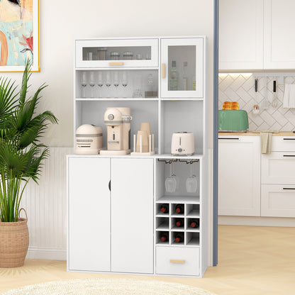 Coffee Bar Cabinet, Kitchen Hutch with Wine Storage, Microwave Countertop, Drawer and Tempered Glass Doors, White Wine Racks   at Gallery Canada