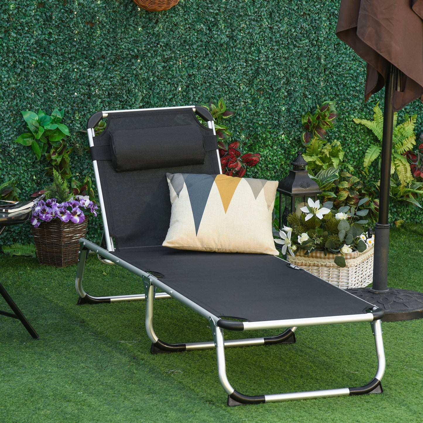 Folding Lounge Chair, Patio Lounger with Headrest, 5-Level Adjustable Backrest, and Aluminum Frame, Black Lounger Chairs   at Gallery Canada