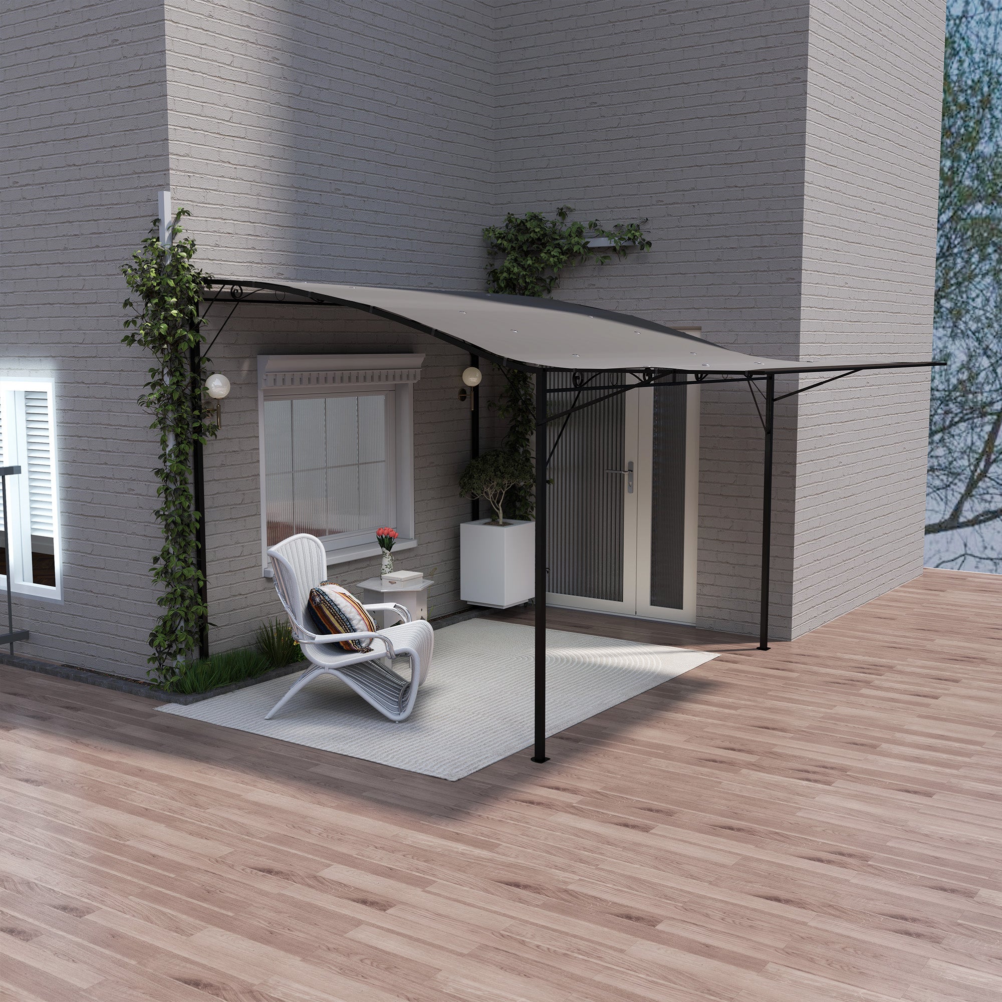10x8ft Patio Metal Gazebo with Extendable Side Awning, Outdoor Shelter Shade Canopy Deck Awning, Brown Pergolas at Gallery Canada
