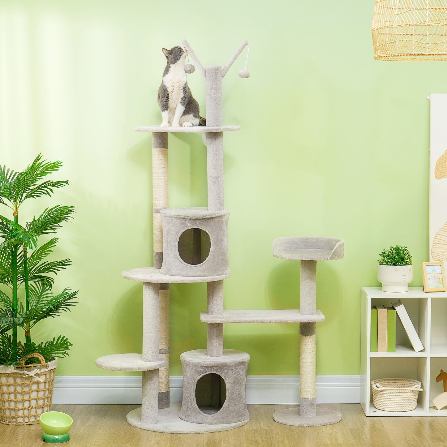 73.5" Cat Tree Tower with Scratching Posts, Condos, Bed, Multi-Level Platforms, Toy Balls, for Indoor Cats, Light Grey Cat Towers Multi Colour  at Gallery Canada