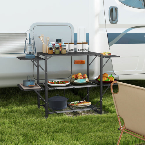 Aluminum Camping Kitchen, Folding Cook Station with Carrying Bag, 4 Side Tables, 2 Shelves for BBQ, RV, Picnic, Black