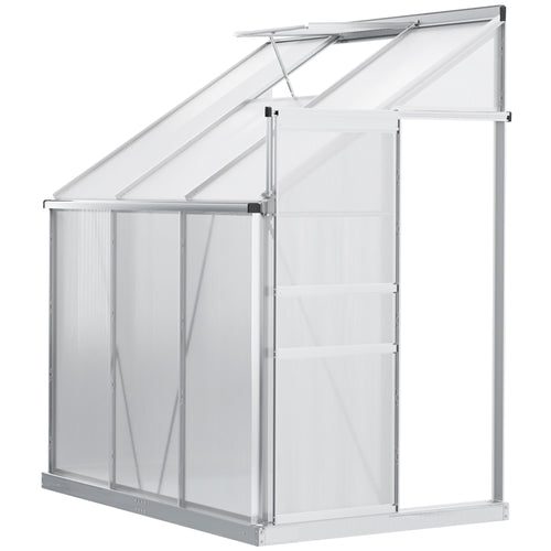 6' x 4' Aluminum Lean-to Greenhouse Polycarbonate Walk-in Garden Greenhouse with Adjustable Roof Vent, Rain Gutter and Sliding Door for Winter, Clear