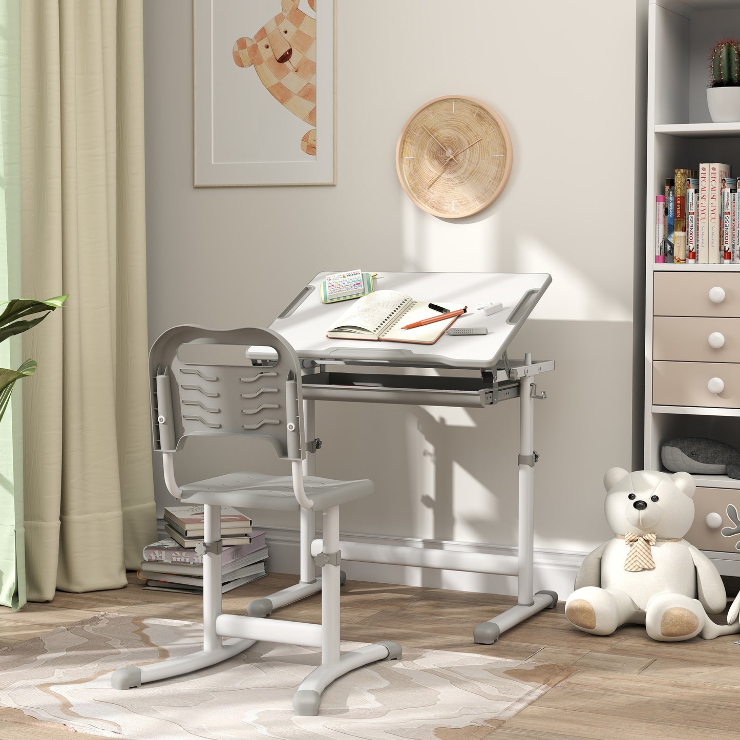 Height Adjustable Study Table and Chair Set with Drawer, Pen Slot, Tiltable Desktop, Hook, Grey Kids Desk Sets   at Gallery Canada