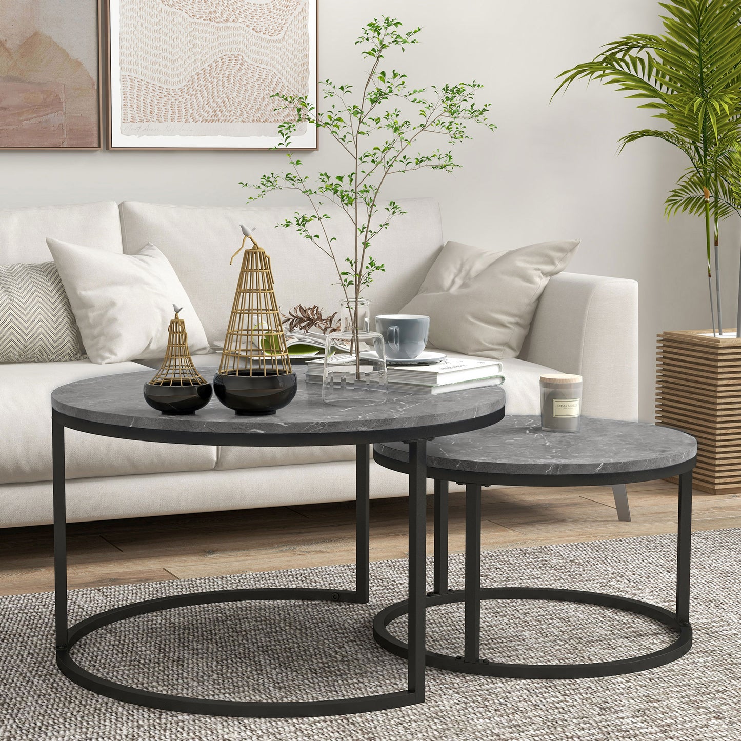 Modern Coffee Table Set of 2, Nesting Side Tables w/ Metal Base for Living Room Bedroom Office Faux Marbled Grey Coffee Tables Grey  at Gallery Canada