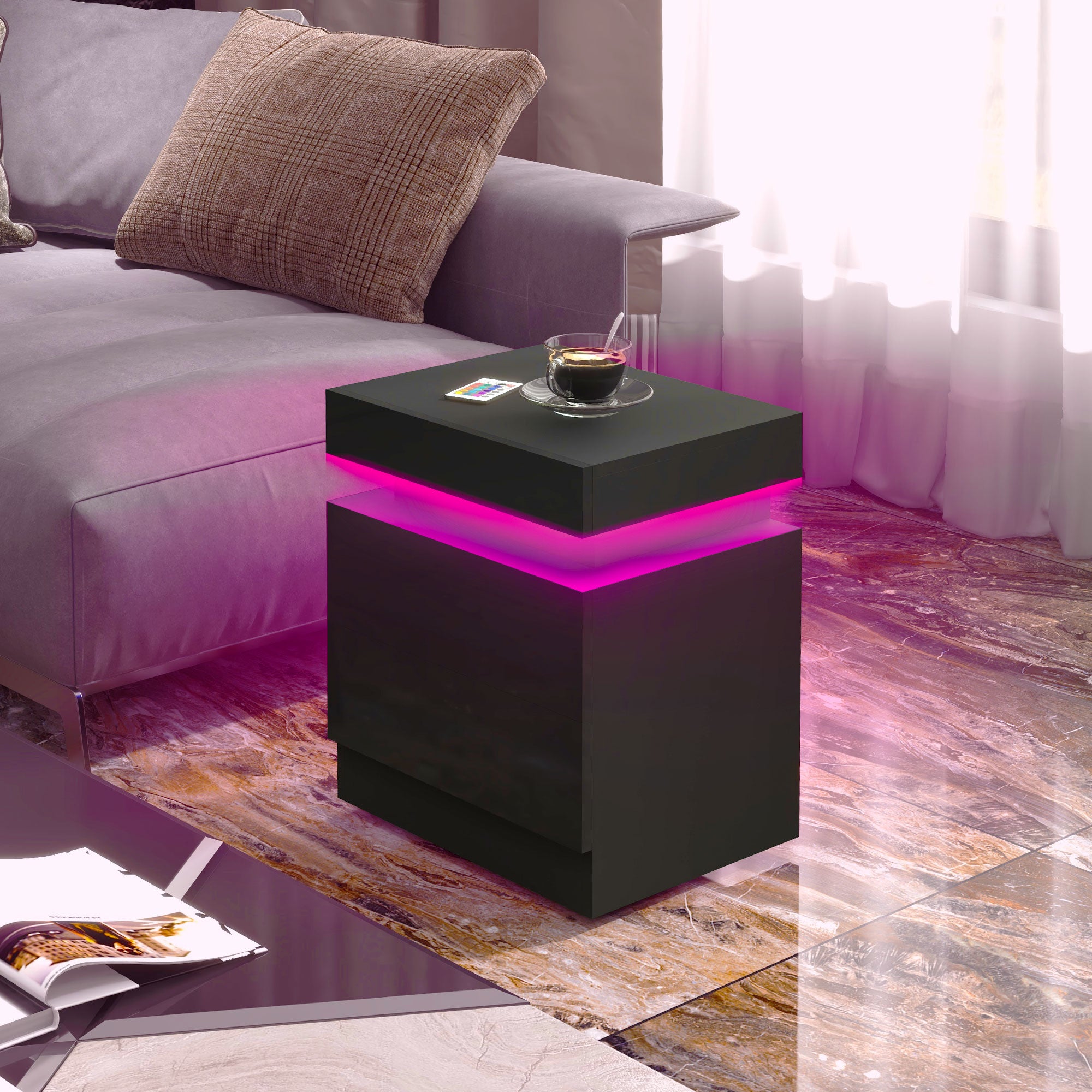 High Gloss Nightstand, Bedside Table with LED Lights and 2 Drawers for Bedroom, Living Room, Black Bedside Tables   at Gallery Canada