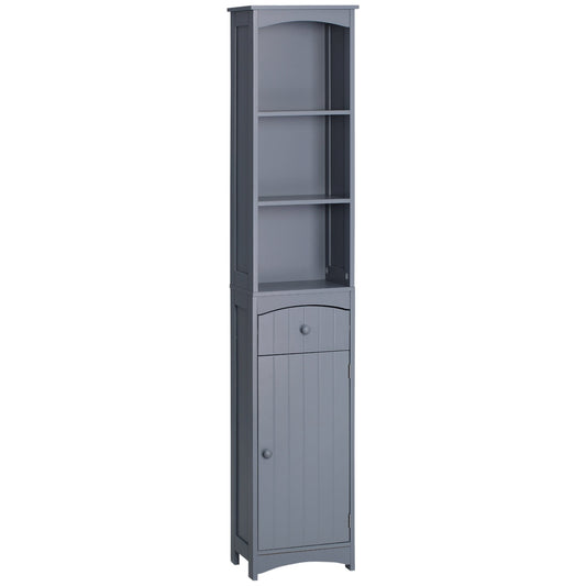 Bathroom Storage Cabinet, Tall Linen Tower with 3-Tier Shelves and Drawer and Door, Grey Bathroom Cabinets Grey  at Gallery Canada