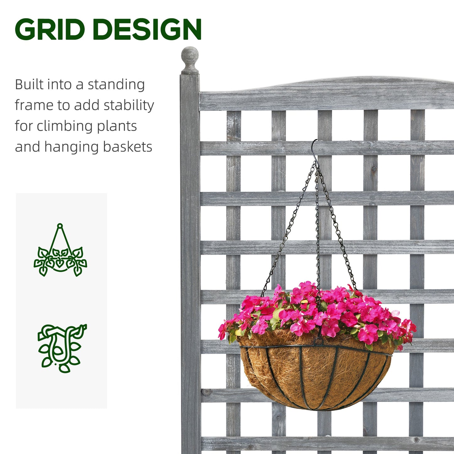 Raised Garden Bed with Trellis for Climbing Vines, Wood Planter Box for Garden, Free Standing Flower Bed, Indoor Outdoor Display Rack, 25.2" x 11" x 47.2", Grey - Gallery Canada