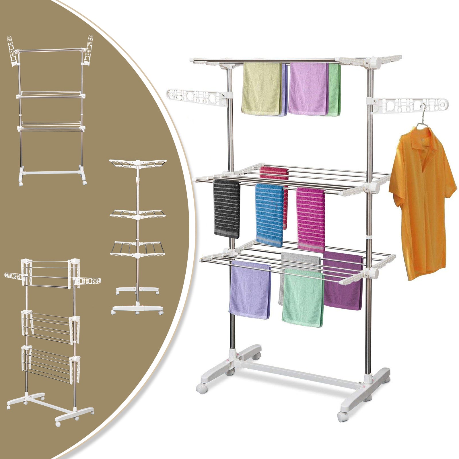 3-Tier Clothes Drying Rack, Stainless Steel Laundry Rack with 2 Side Wings and 6 Castors, Collapsible Adjustable Clothes Airer for Indoor Outdoor, White Bath Accessories at Gallery Canada