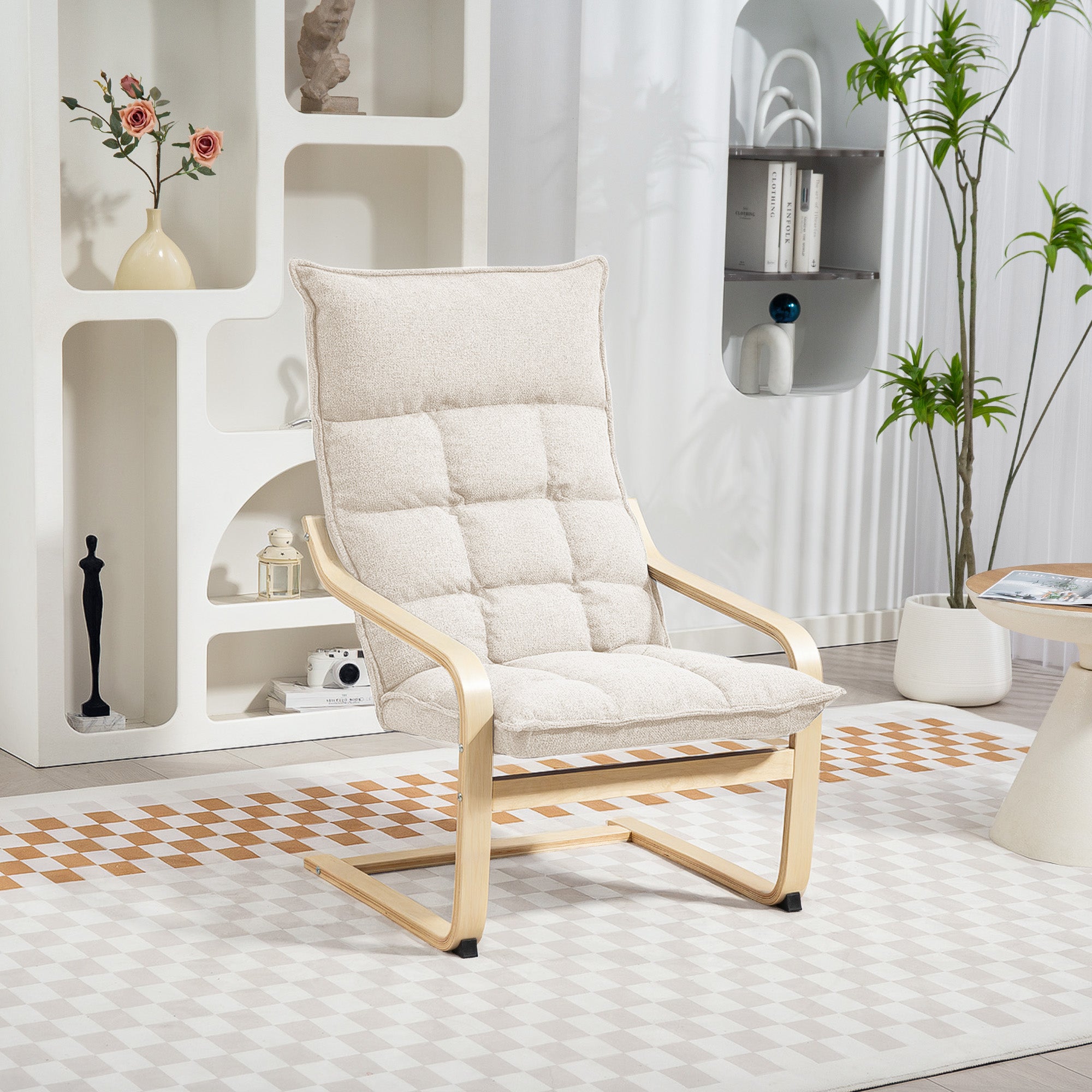 Modern Armchair, Upholstered Accent Chair with Curved Leg and Arm, Leisure Lounge Chair for Living Room, Cream White Accent Chairs at Gallery Canada