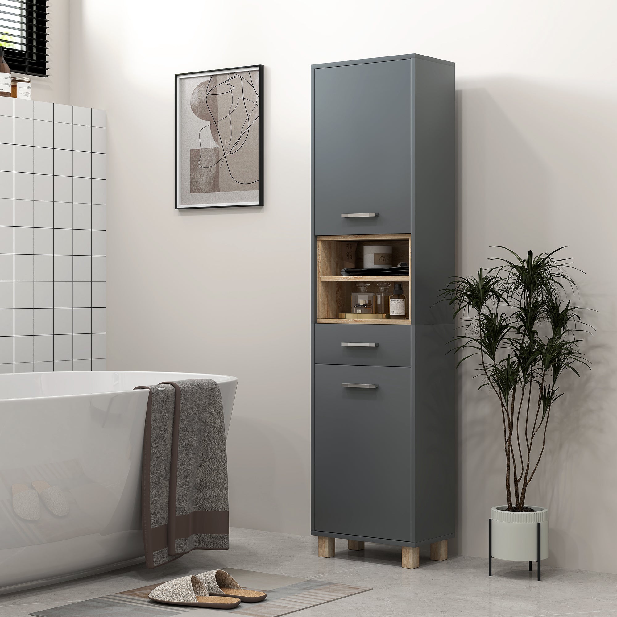 Tall Bathroom Storage Cabinet, Freestanding Bathroom Cabinet with Open Compartments, Double Doors and Drawer Bathroom Cabinets at Gallery Canada
