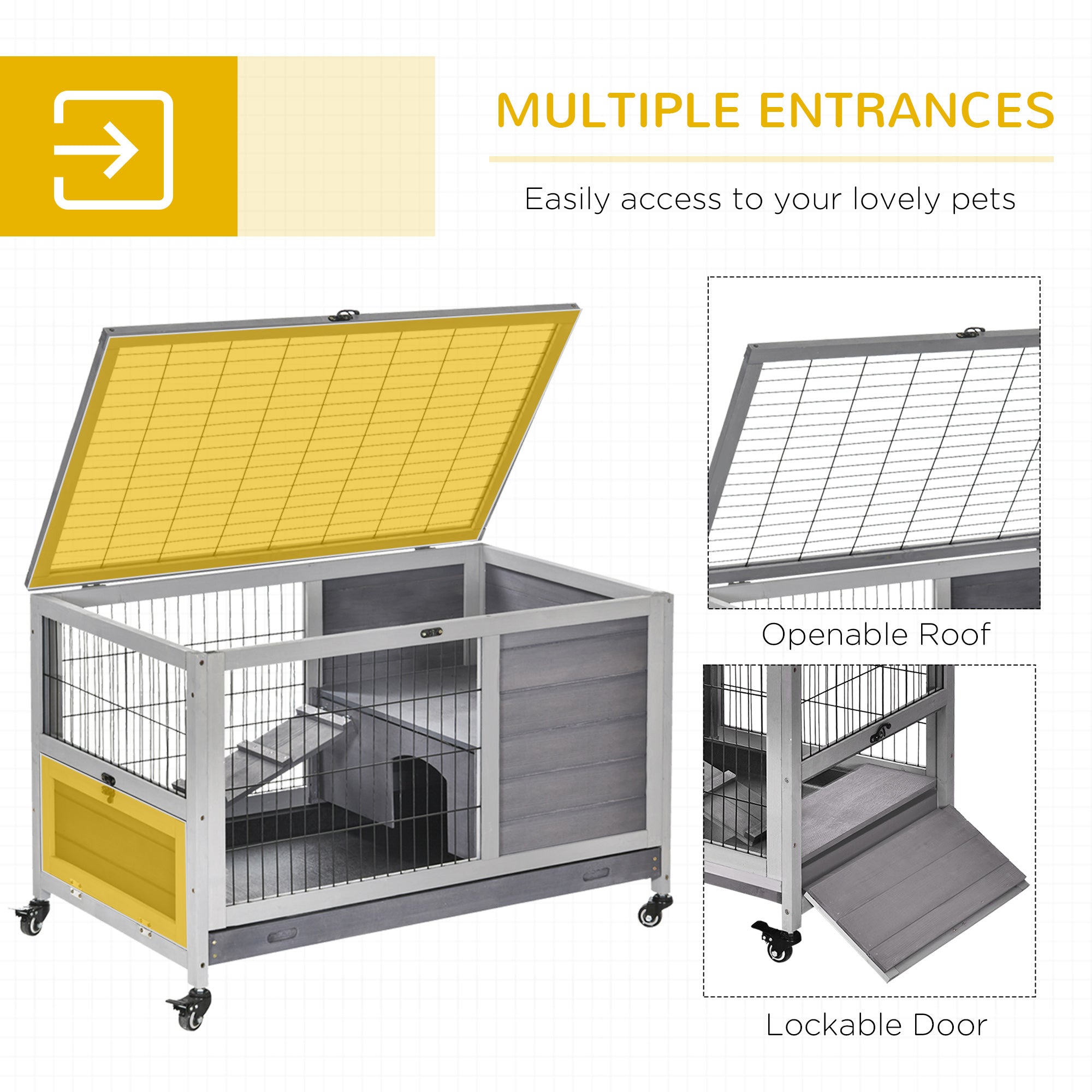 Wooden Indoor Rabbit Hutch Elevated Bunny Cage Habitat with Enclosed Run with Wheels, Ideal for Rabbits and Guinea Pigs, Grey Rabbit Hutch   at Gallery Canada