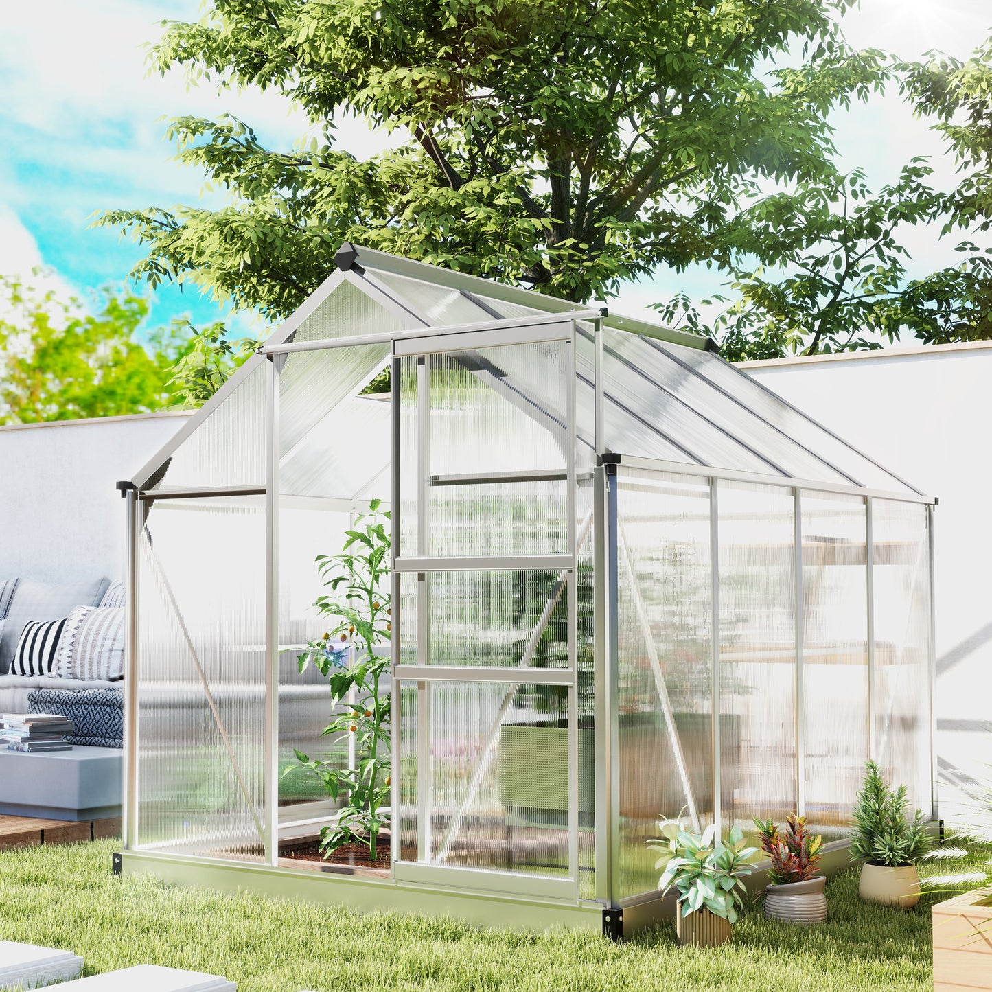 6' x 8' x 6.6' Polycarbonate Greenhouse, Walk-In Green House Kit Garden, Plants Grow, Galvanized Sheet Aluminum Frame with Rain Gutter, Vent and Sliding Door, Silver Walk In Greenhouses at Gallery Canada