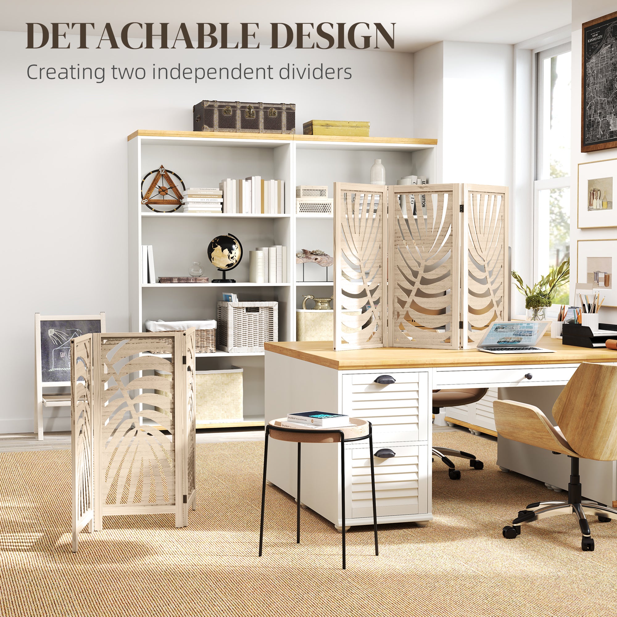 3 Panel Room Divider, Detachable Folding Privacy Screens with Palm Leaf Design for Home Office, Natural Wood Finish Room Dividers at Gallery Canada