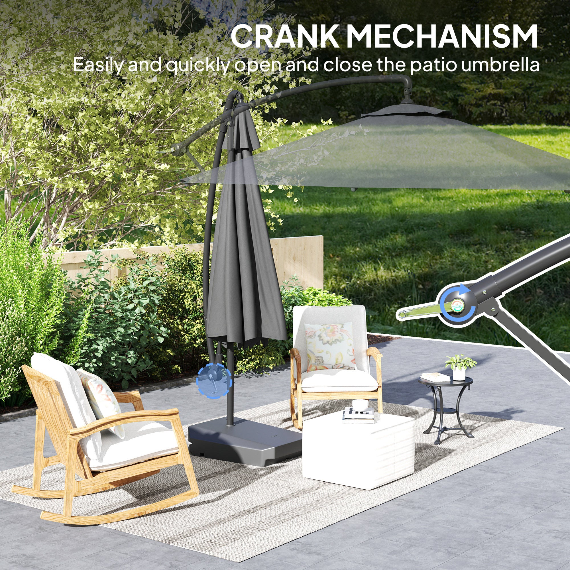 10FT Cantilever Umbrella with Fillable Base, Wind Strap and Cover, Offset Hanging Umbrella with Crank, UPF50+, Grey Offset Cantilever Umbrellas at Gallery Canada