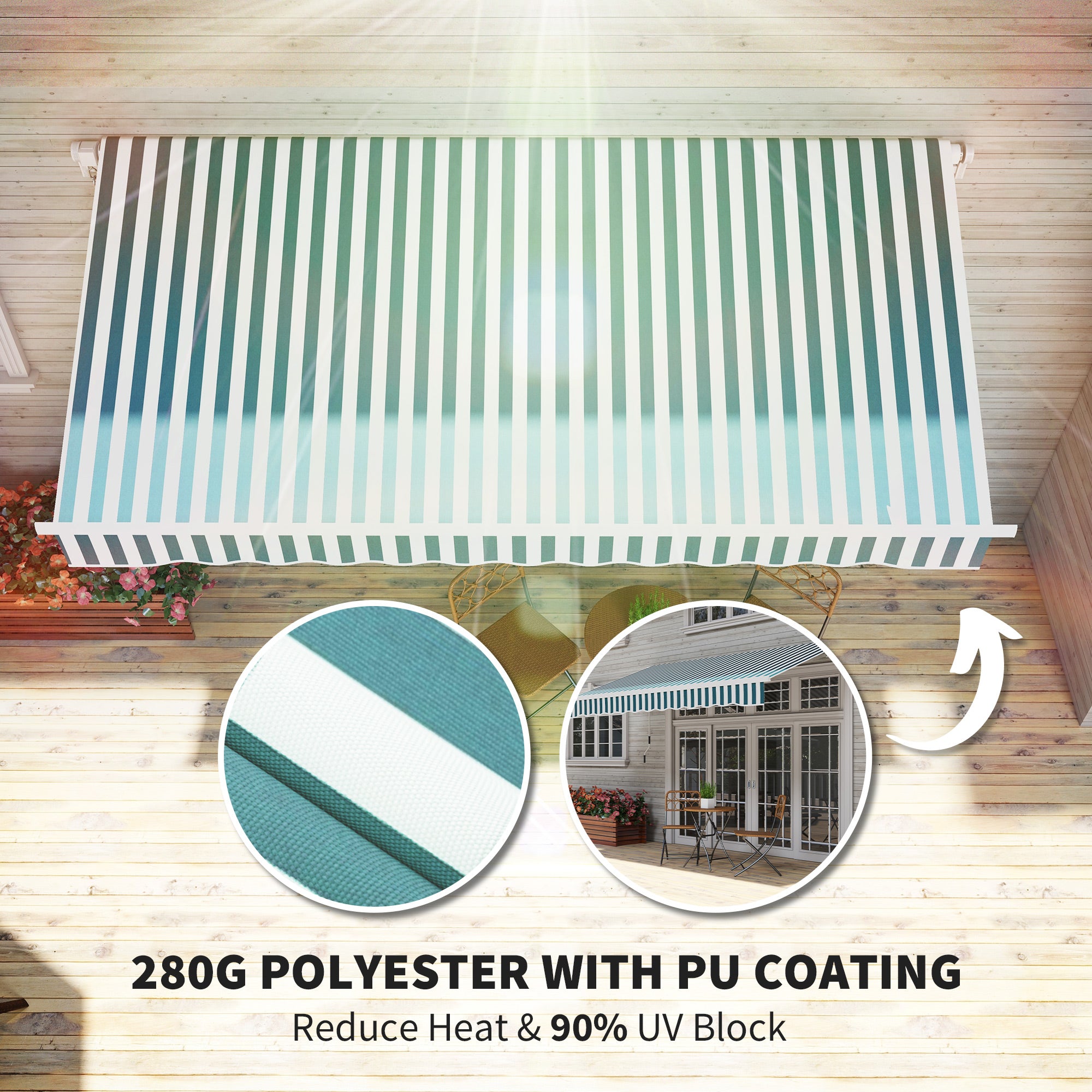 12' x 10' Manual Retractable Awning Outdoor Sunshade Shelter for Patio, Balcony, Yard, with Adjustable &; Versatile Design, Green and White Deck Awnings at Gallery Canada
