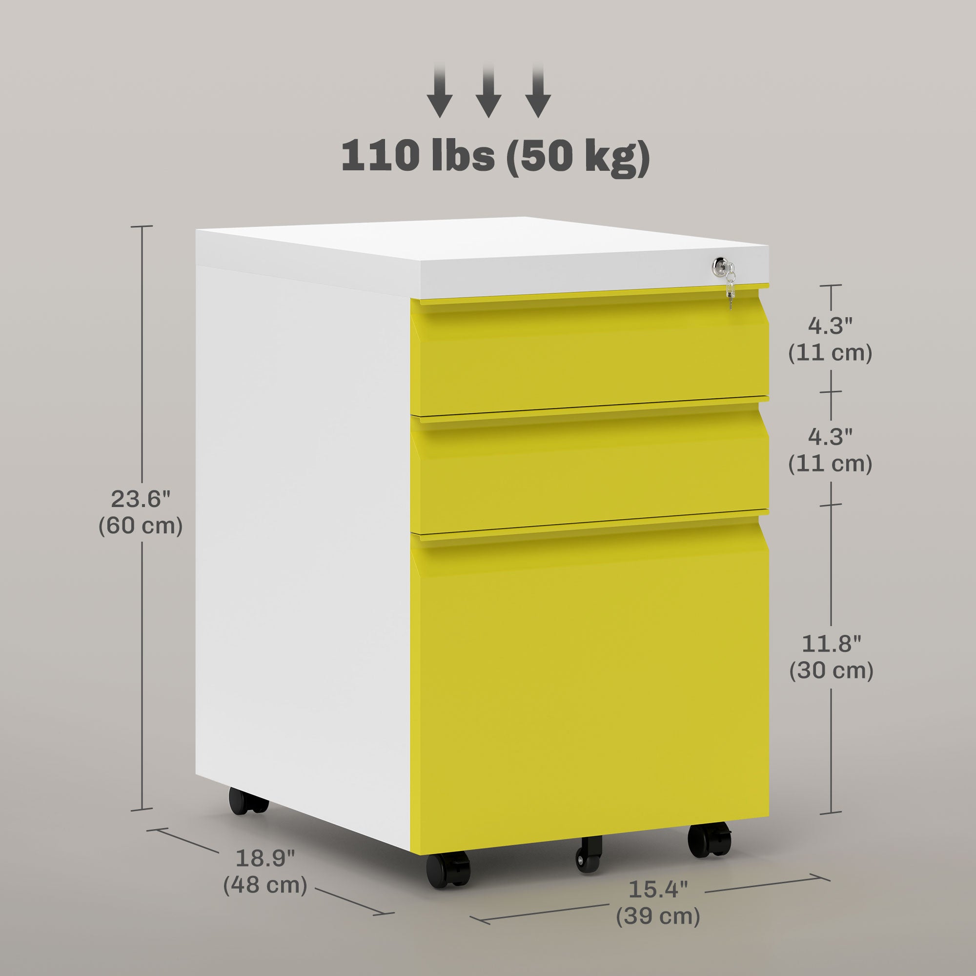 3 Drawer Filing Cabinet, Lockable Office Storage Cabinet on Wheels for Legal, Letter, A4 Files, Yellow Office Cabinets & Cupboards   at Gallery Canada