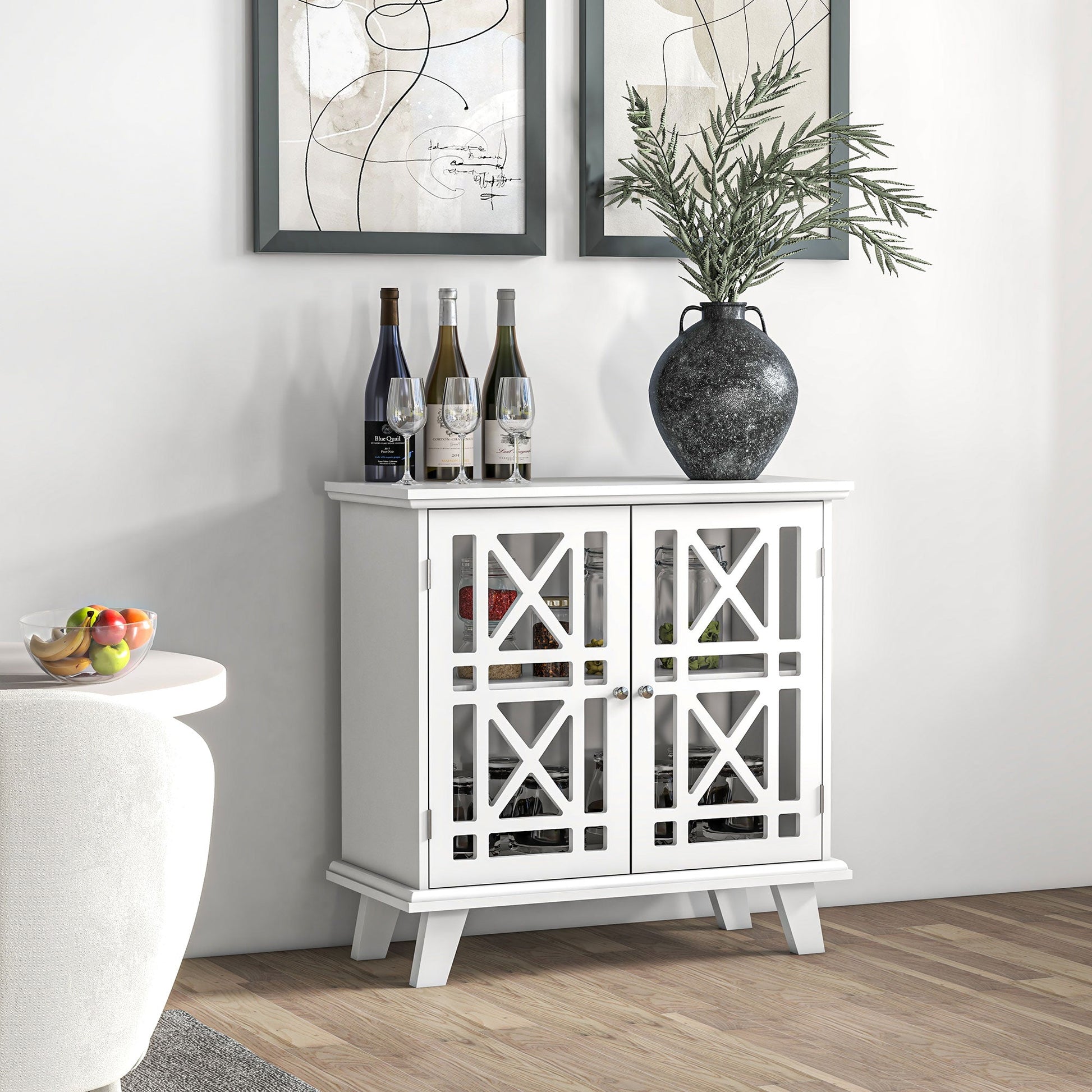 Storage Cabinet with Fretwork Doors and Shelf, Modern Freestanding Sideboard, Buffet, White Storage Cabinets   at Gallery Canada