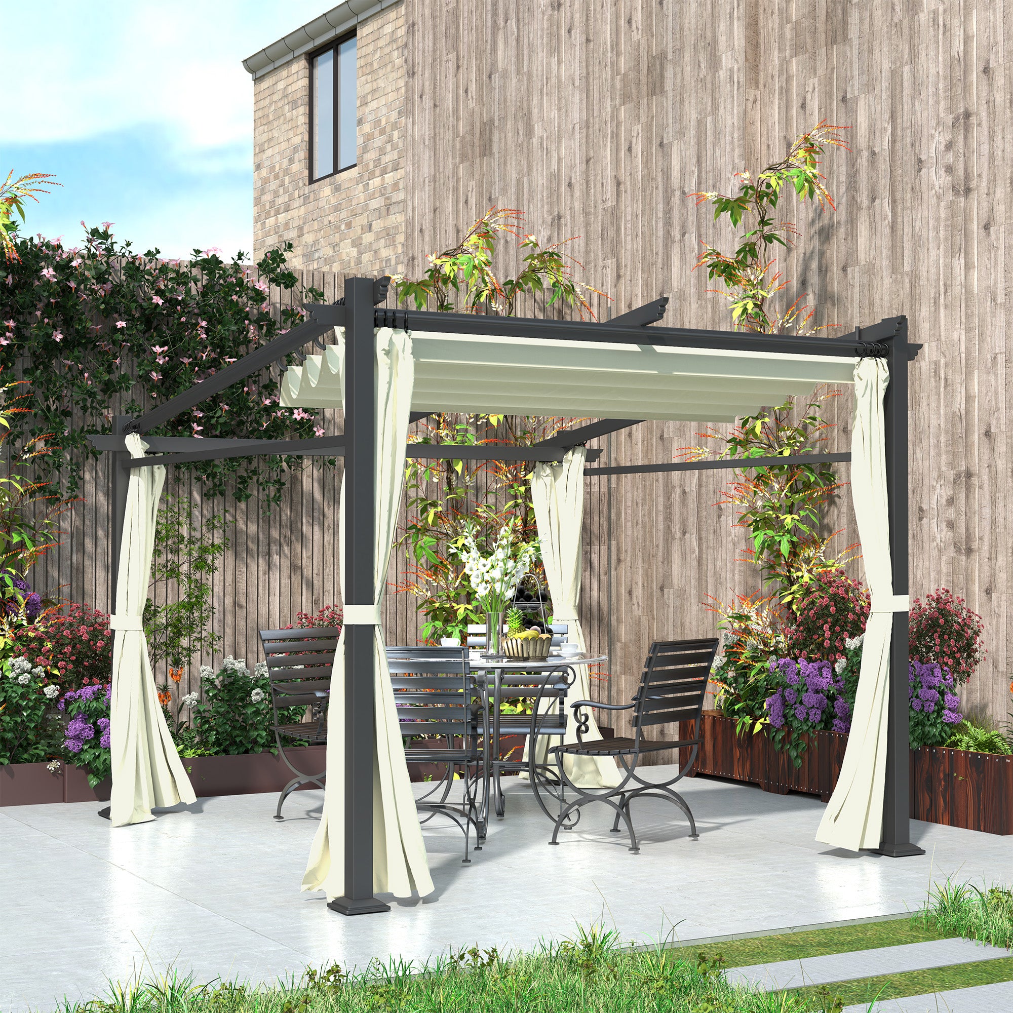 Metal Pergola with Sliding Roof Canopy, Retractable Pergola Canopy, 10' x 10', Beige Pergolas at Gallery Canada