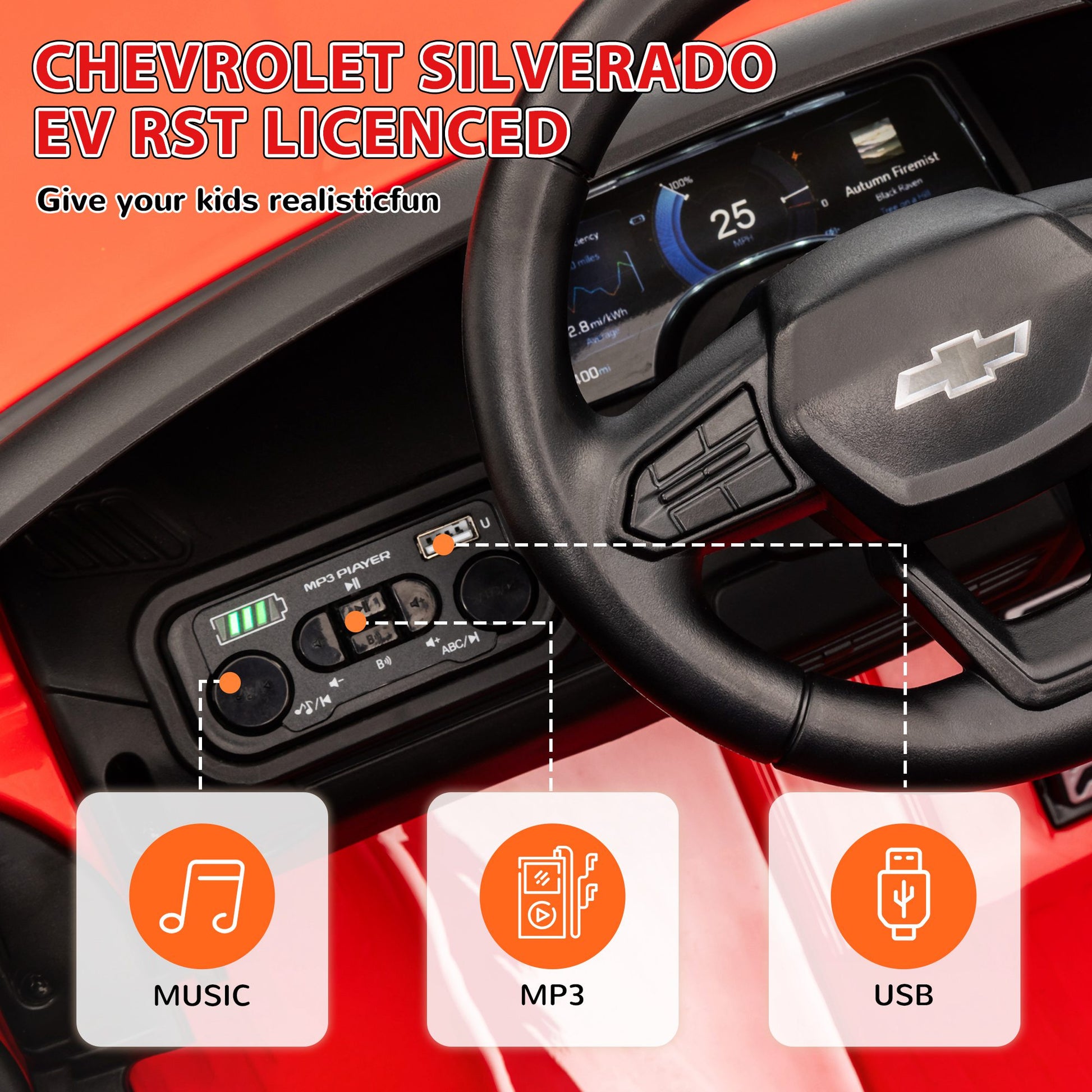 12V CHEVROLET SILVERADO EV RST Licensed Kids Car w/ Remote, Spring Suspension, Soft Start, Training Wheels, Red Electric Toy Cars   at Gallery Canada