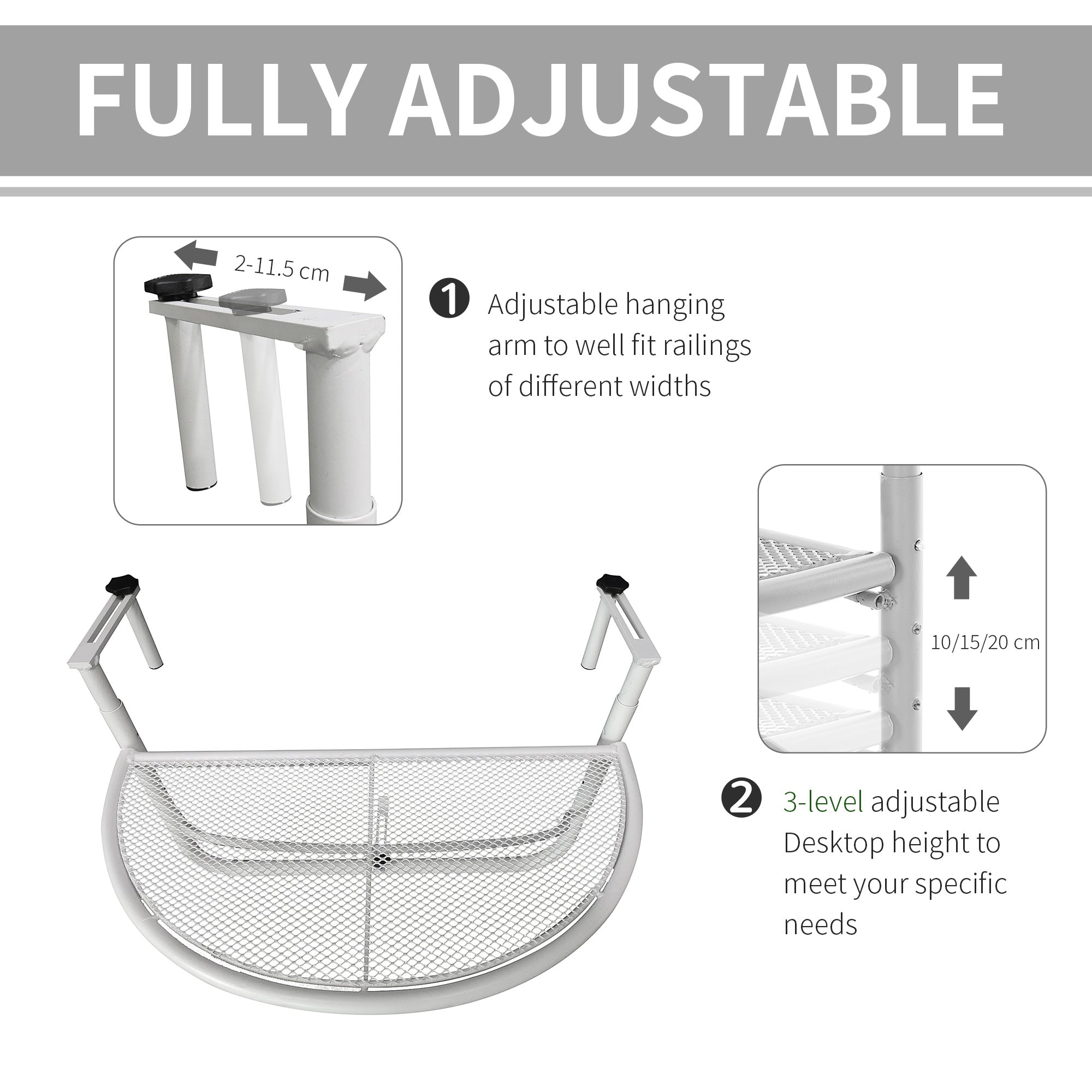 Adjustable Balcony Hanging Railing Table, Metal Mounting Mini Wall Desk Storage Rack, Outdoor Flower Stand Serving Table Half Round, White Balcony Table Hanging at Gallery Canada