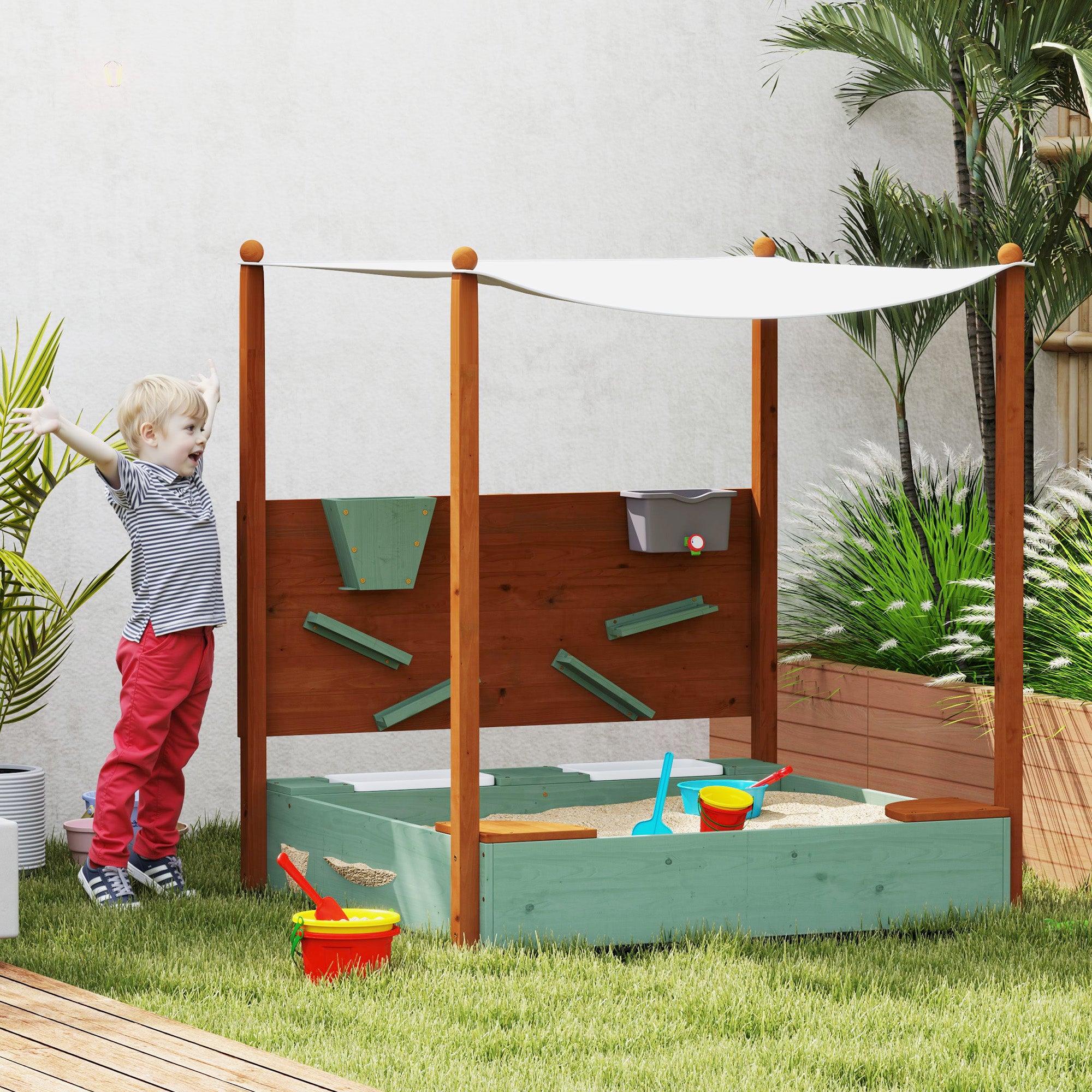 Wooden Kids Sandbox with Canopy, Sand Wall, Bottom Liner, for 3-6 Years, 46