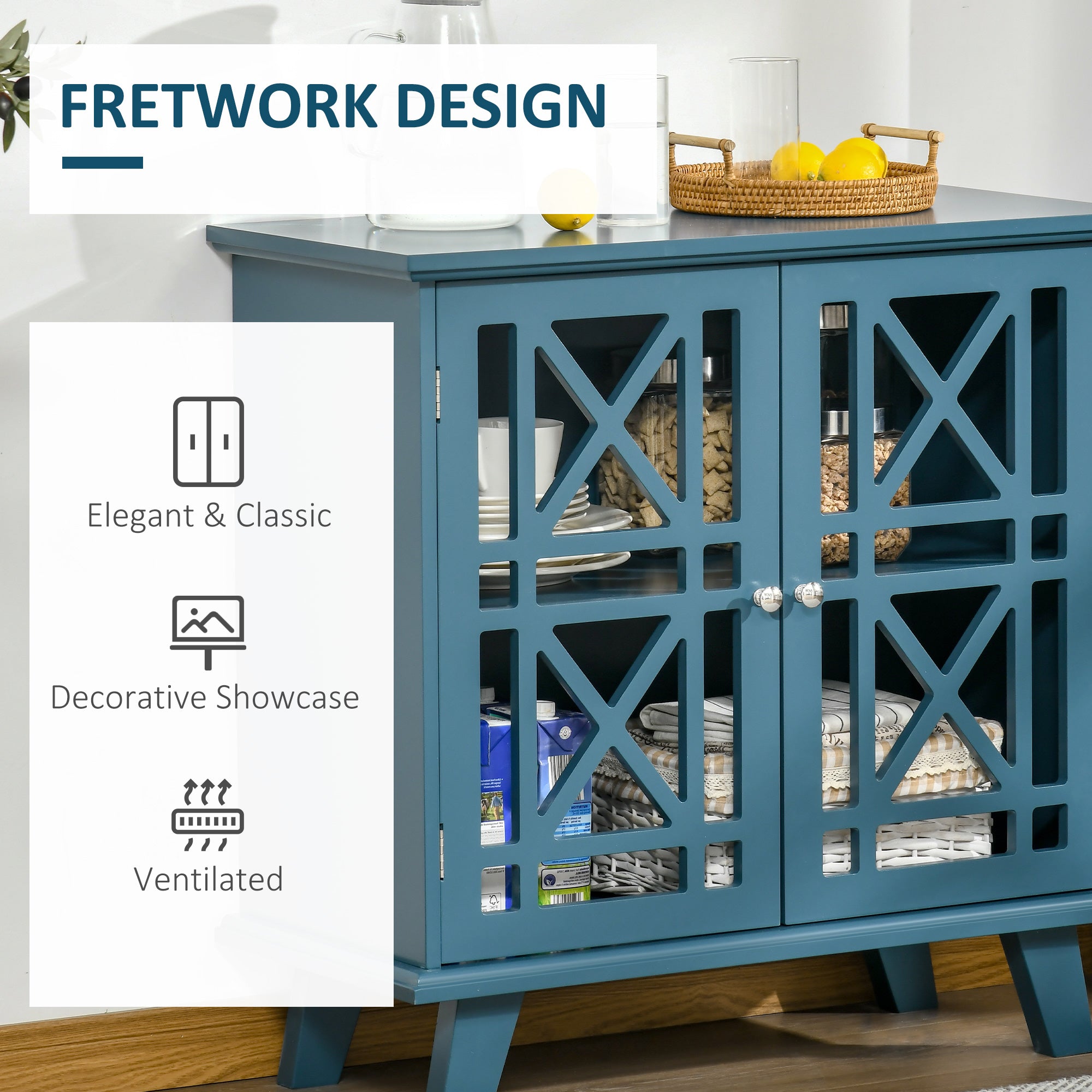 Storage Cabinet with Fretwork Doors and Shelf, Modern Freestanding Sideboard, Buffet, Blue Storage Cabinets   at Gallery Canada