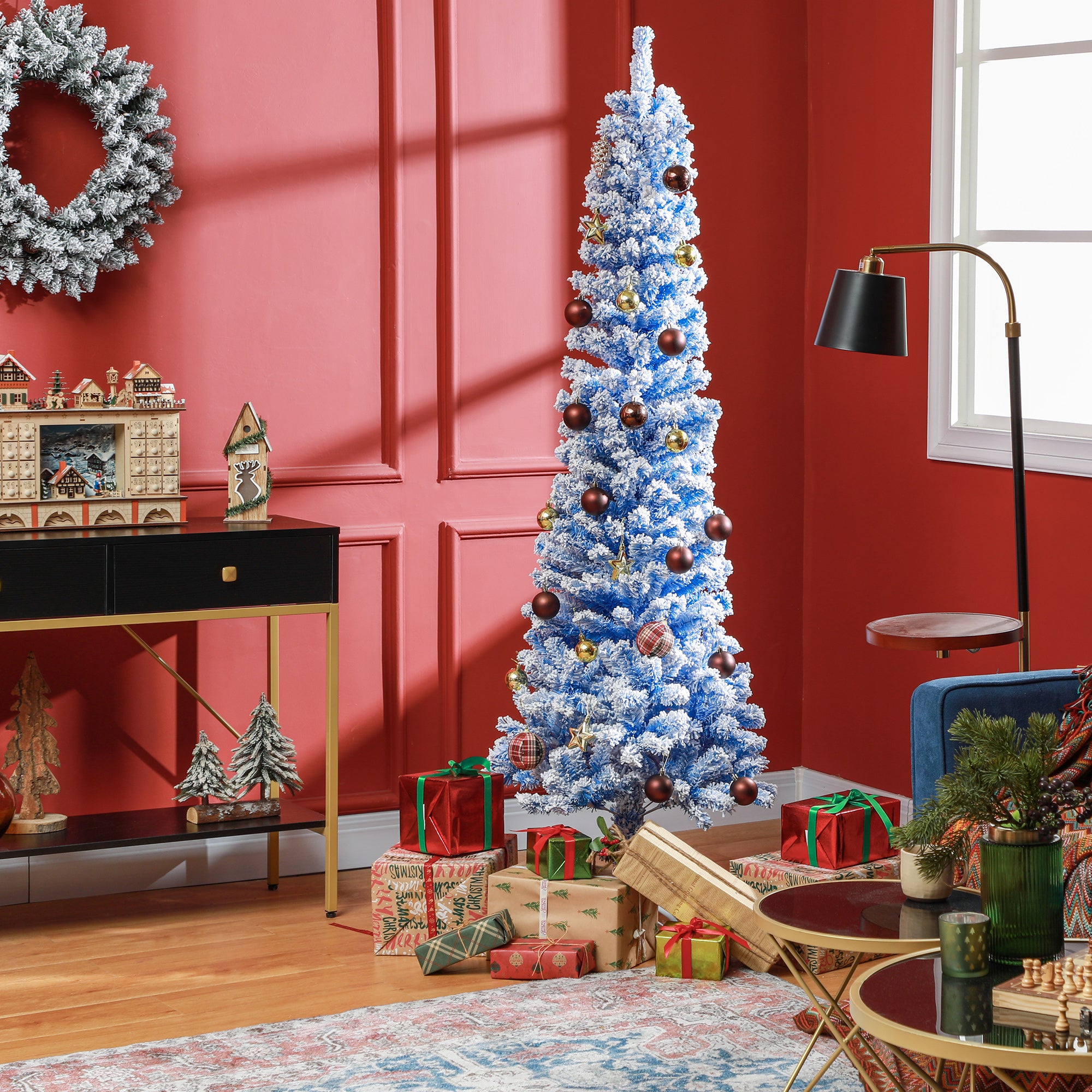 6ft Flocked Christmas Tree, Pencil Christmas Tree with Realistic Branch Tips, Folding Metal Stand, Blue Pencil Christmas Trees Blue  at Gallery Canada