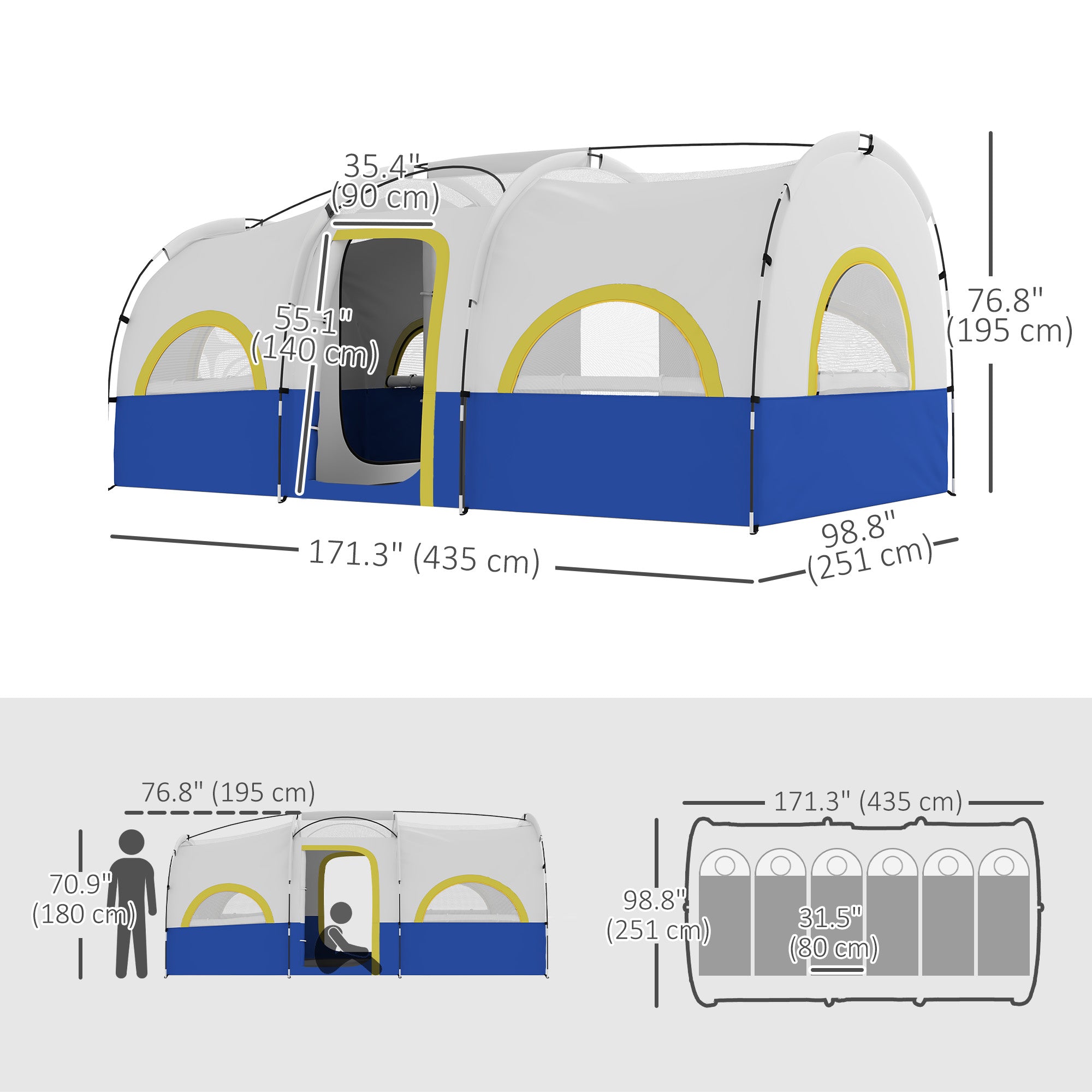 4-6 Person Camping Tent, 3 Room Cabin Tent, 3000mm Waterproof and UPF30+ with Sewn in Groundsheet and Carry Bag, Blue Camping Tents at Gallery Canada