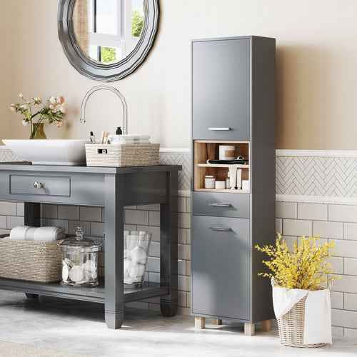 Tall Bathroom Storage Cabinet, Freestanding Bathroom Cabinet with Open Compartments, Double Doors and Drawer