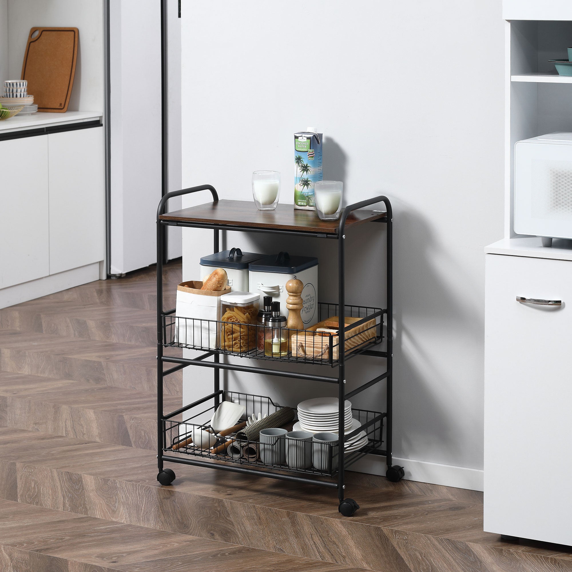 Rolling Kitchen Cart, 3-Tier Utility Storage Cart with 2 Basket Drawers &; Side Hooks, Lockable Casters for Dining Room Kitchen Islands & Kitchen Carts at Gallery Canada