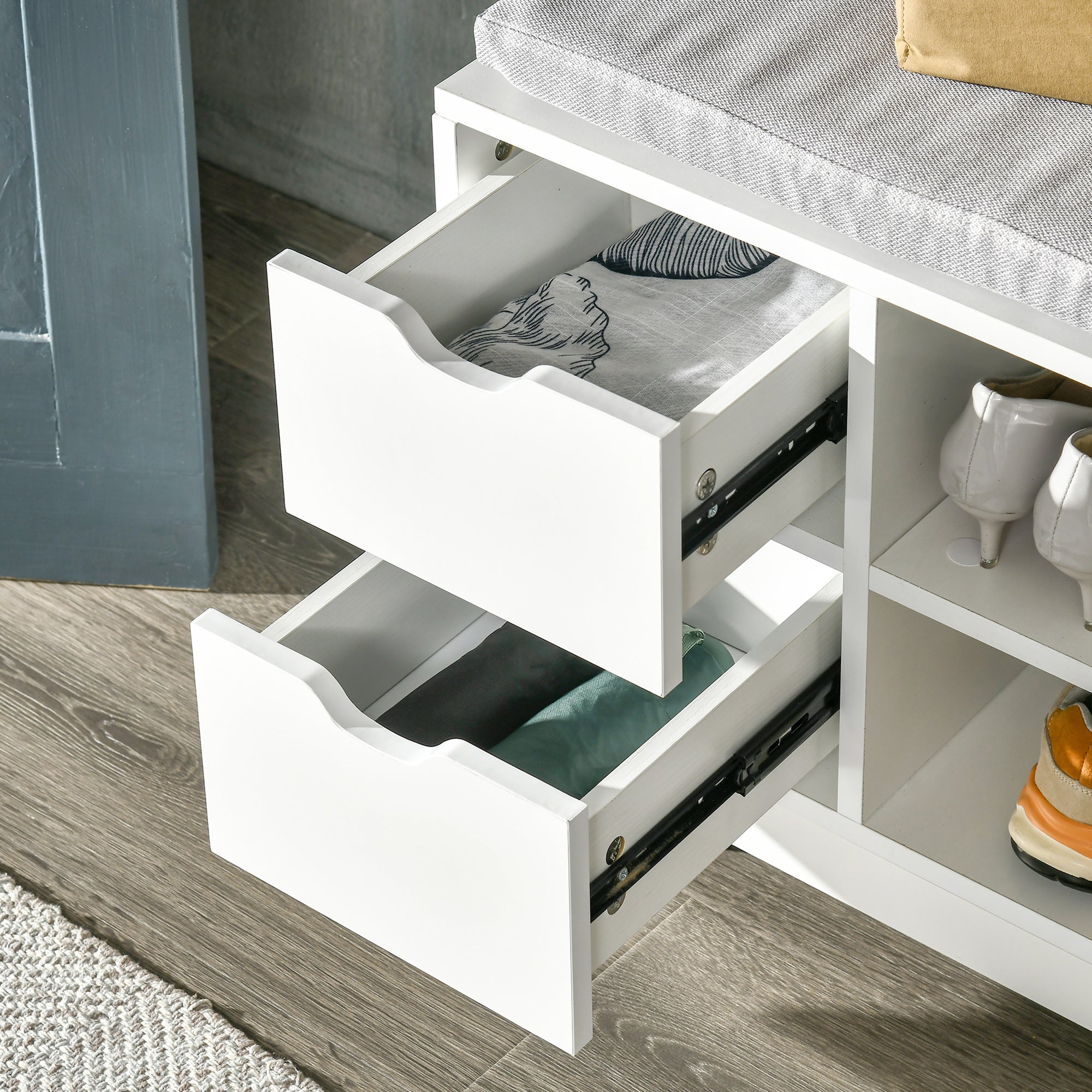 Shoe Bench with Storage, Modern Upholstered Entryway Bench with Open Shelves, Drawers and Pocket for Living Room, Hallway, White Shoe Storage Cabinets & Racks   at Gallery Canada