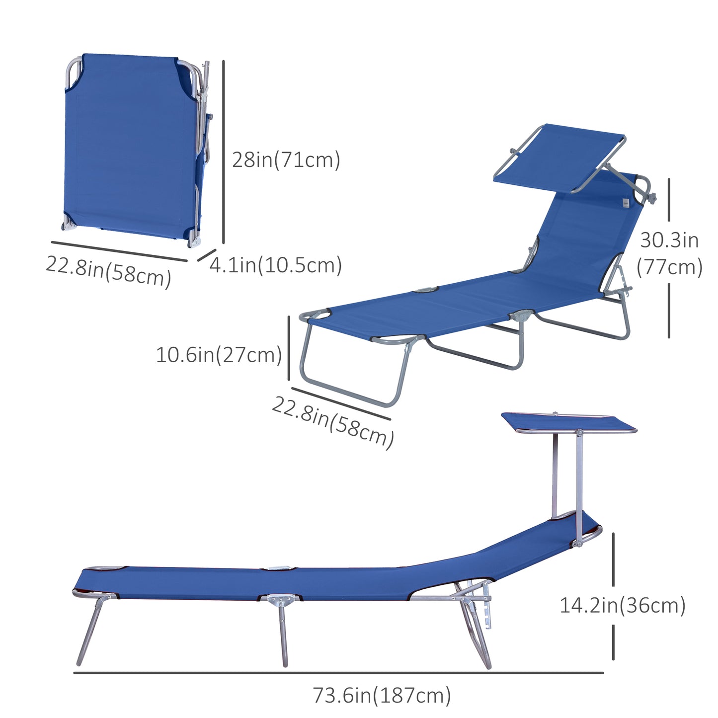 Outdoor Lounge Chair, Adjustable Folding Chaise Lounge, Tanning Chair with Sun Shade for Beach, Camping, Hiking, Backyard, Blue Lounger Chairs   at Gallery Canada