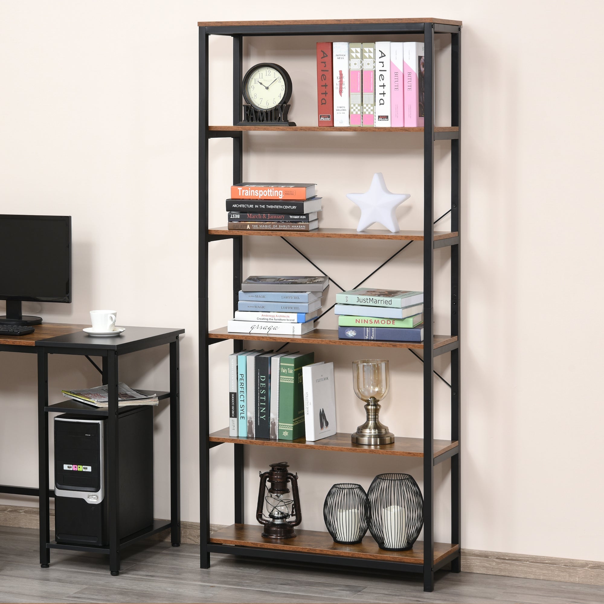 Retro Industrial Bookcase Storage Shelf Closet Floor Standing Display Rack with 6 Tiers, Metal Frame for Living Room &; Study Display Bookshelves   at Gallery Canada