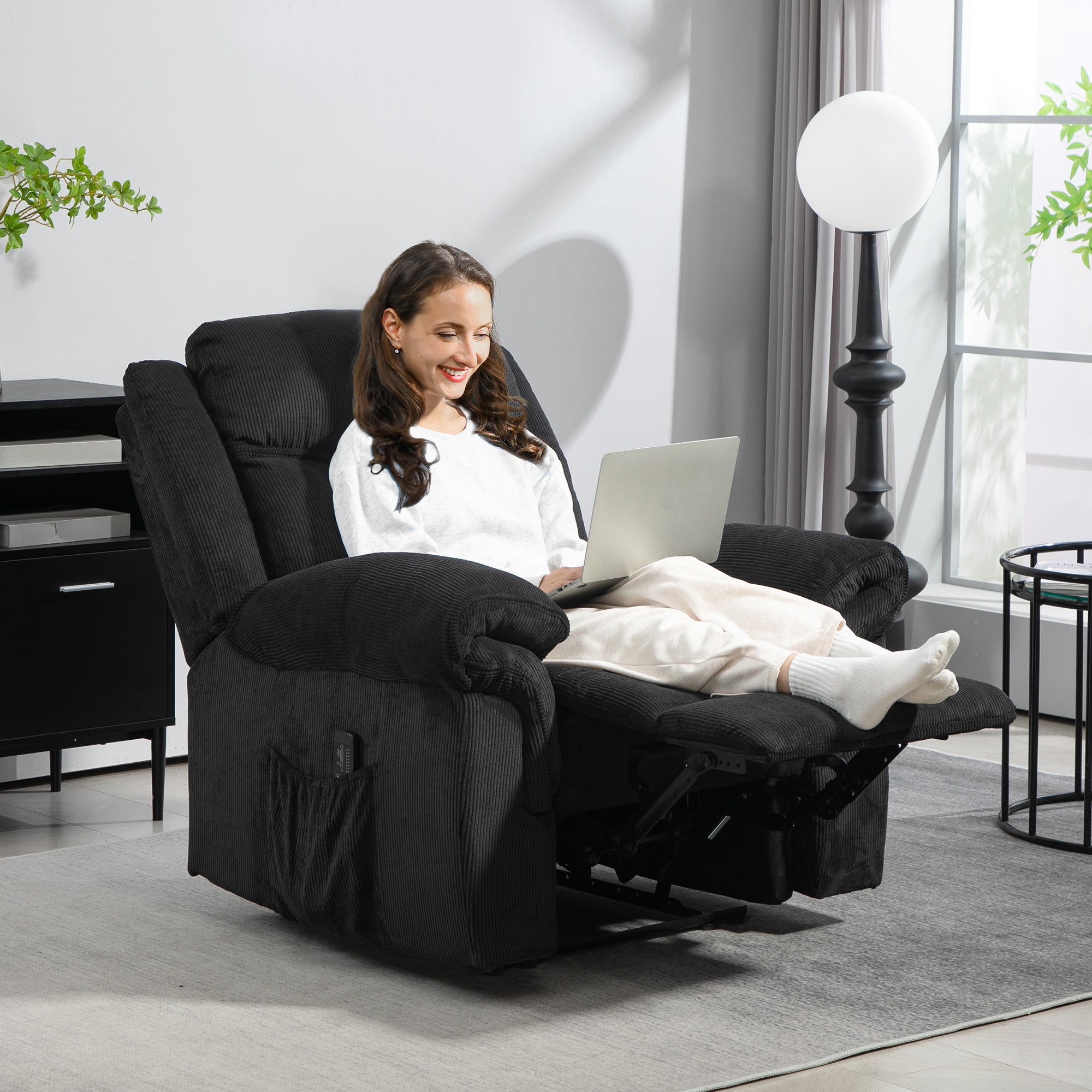 Manual Recliner Chair with Vibration Massage, Side Pockets, Corduroy Reclining Chair for Living Room, Black Sofas & Reclining Chairs at Gallery Canada