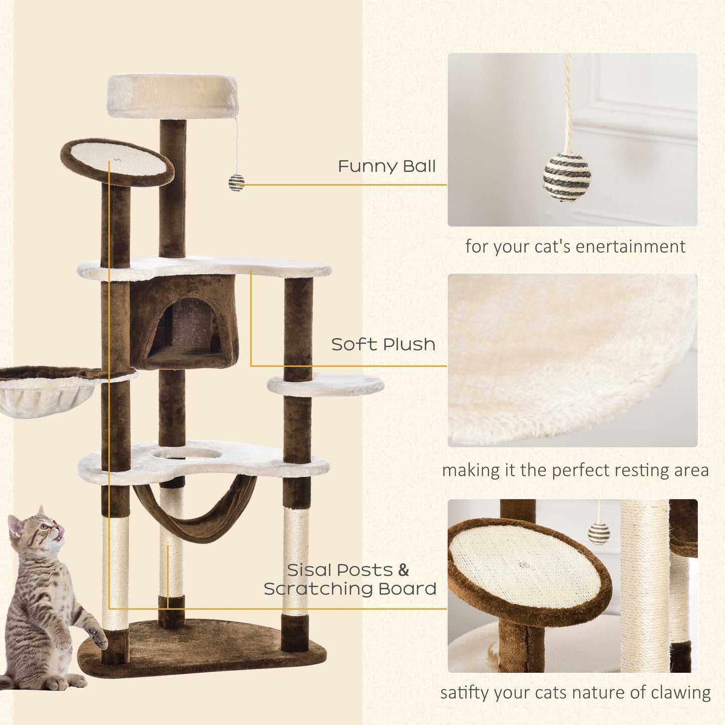 60" Cat Scratching Tree, Cat Bed Condo Post House Pet Furniture Toys-Brown &; Tan Cat Towers   at Gallery Canada