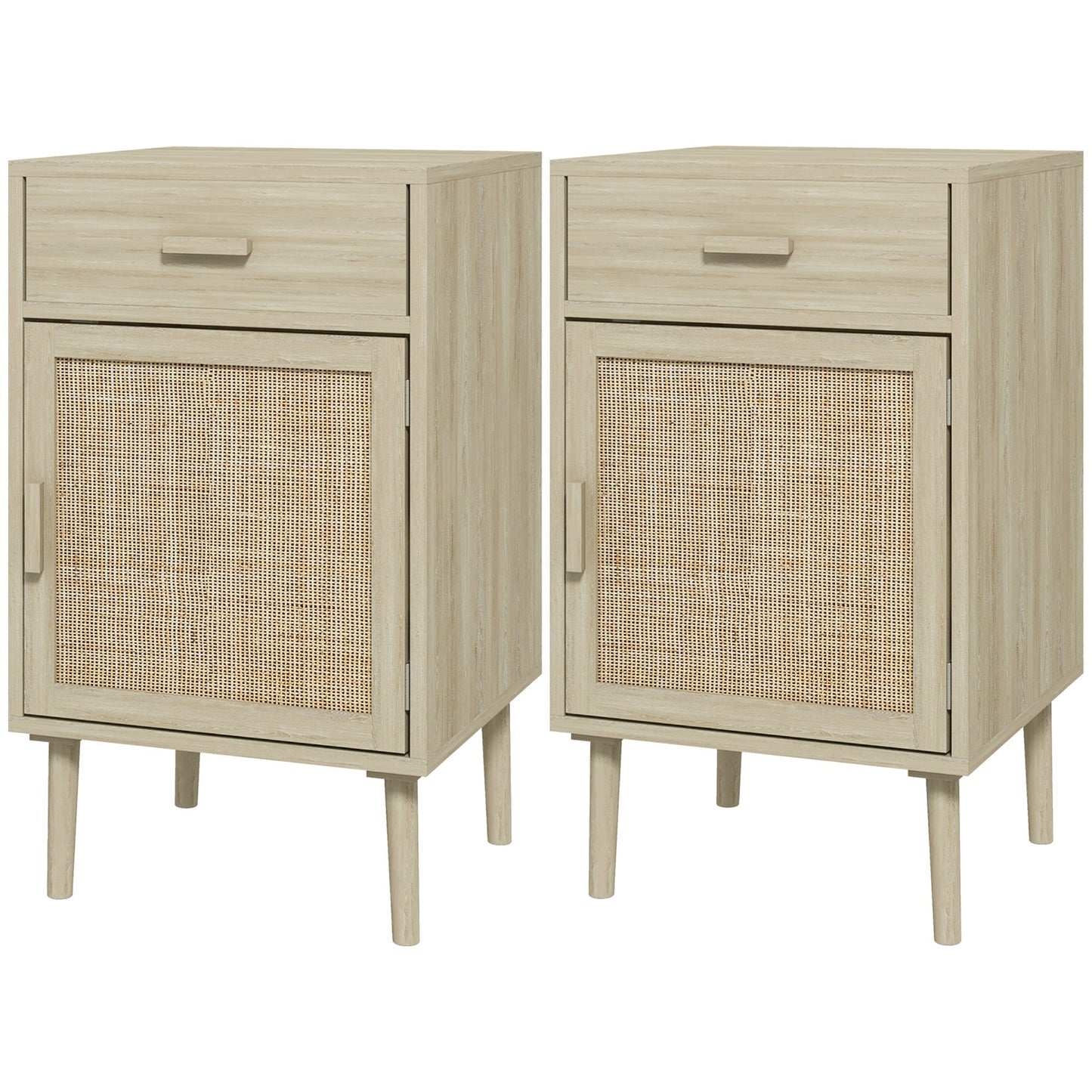 Boho Bedside Tables Set of 2, Nightstands with Drawer, Rattan Cabinet, Adjustable Shelf for Bedroom, Living Room, Oak Bedside Tables Oak  at Gallery Canada