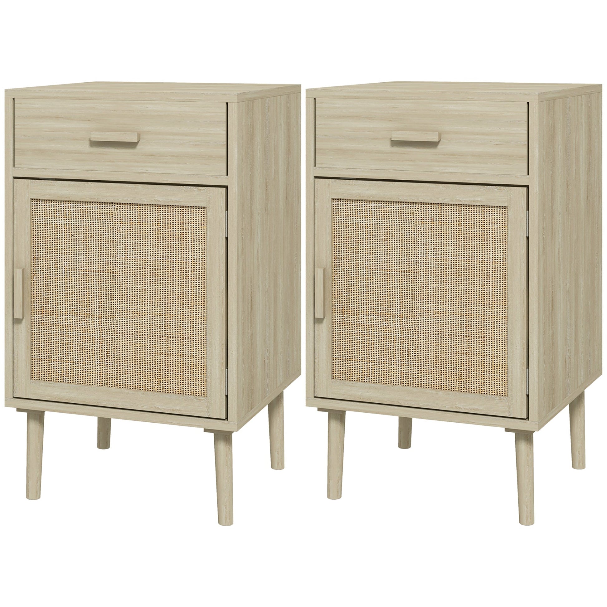 Boho Bedside Tables Set of 2, Nightstands with Drawer, Rattan Cabinet, Adjustable Shelf for Bedroom, Living Room, Oak Bedside Tables Oak  at Gallery Canada