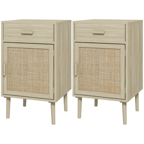 Boho Bedside Tables Set of 2, Nightstands with Drawer, Rattan Cabinet, Adjustable Shelf for Bedroom, Living Room, Oak